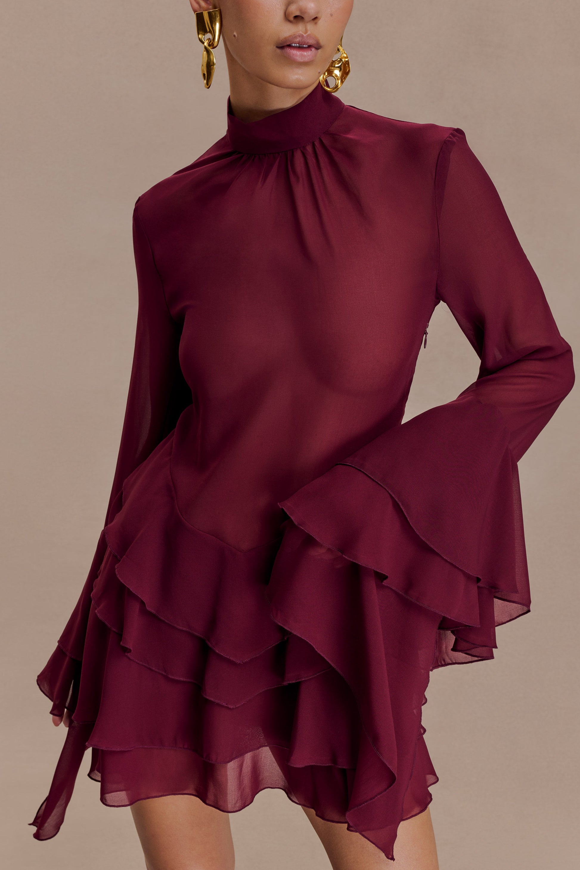 Nimah Chiffon Ruffle Mini Dress - Wine #4