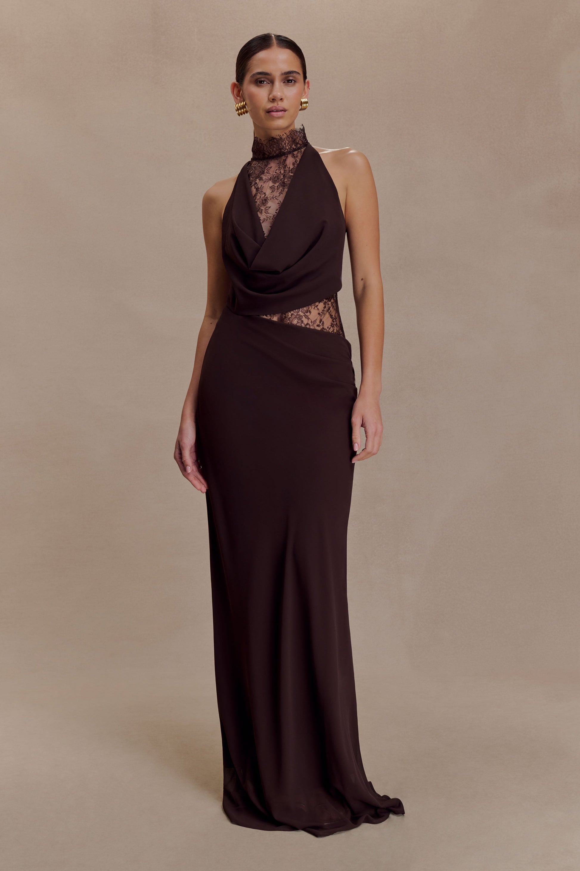 Arra Chiffon And Lace Halter Maxi Dress - Cacao Brown | MESHKI UK Arra Chiffon And Lace Halter Maxi Dress - Cacao Brown | MESHKI UK