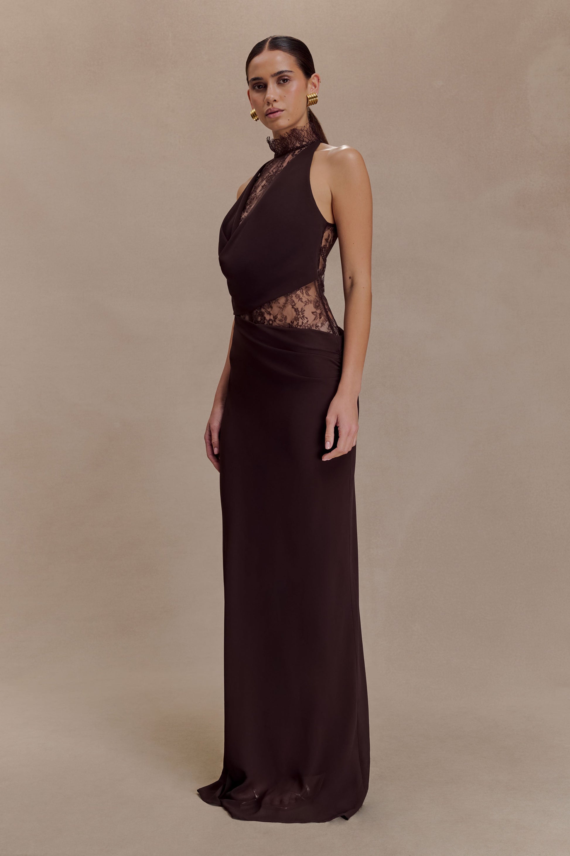 Arra Chiffon And Lace Halter Maxi Dress - Cacao Brown #4