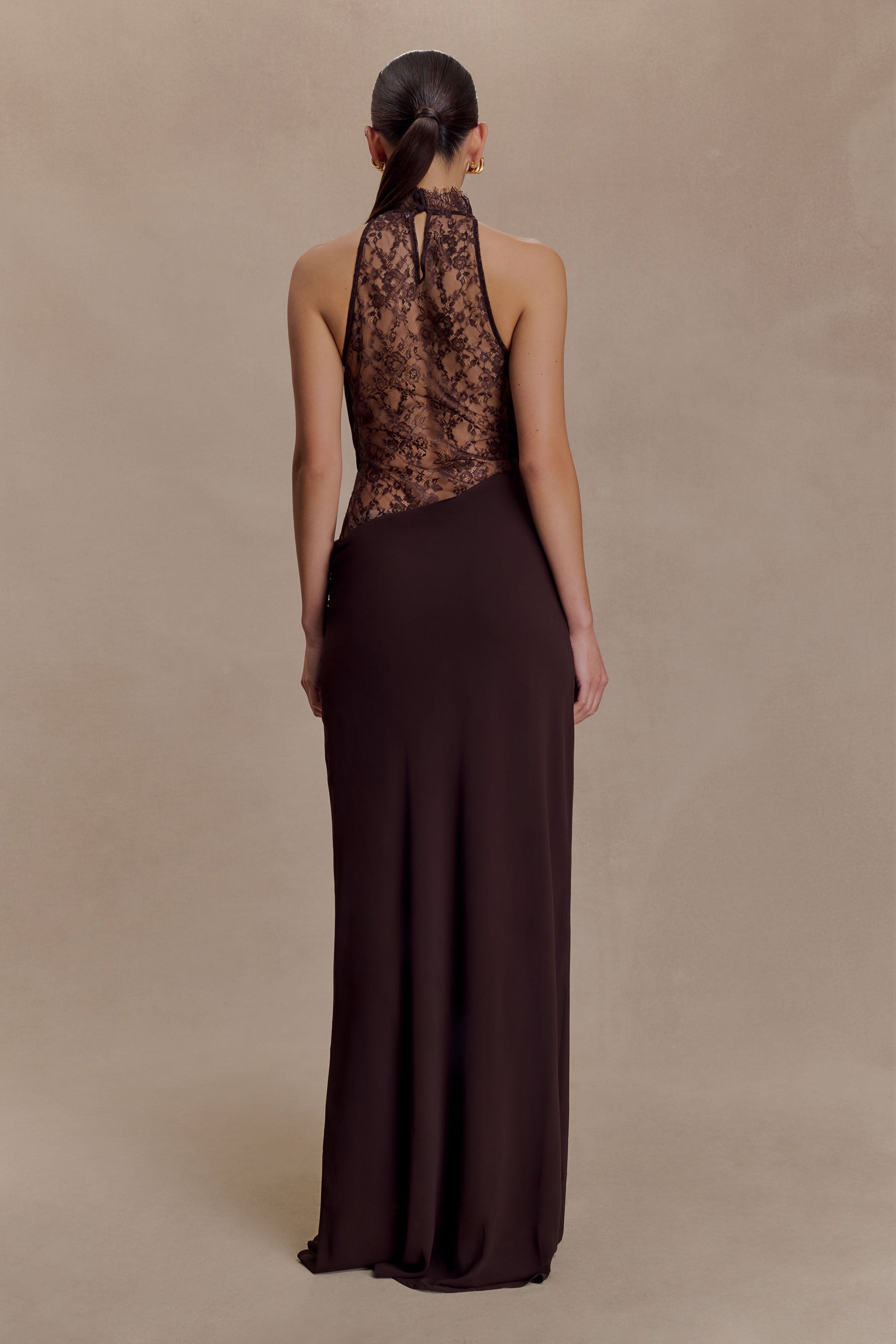 brown dress with lace Arra Chiffon And Lace Halter Maxi Dress - Cacao Brown