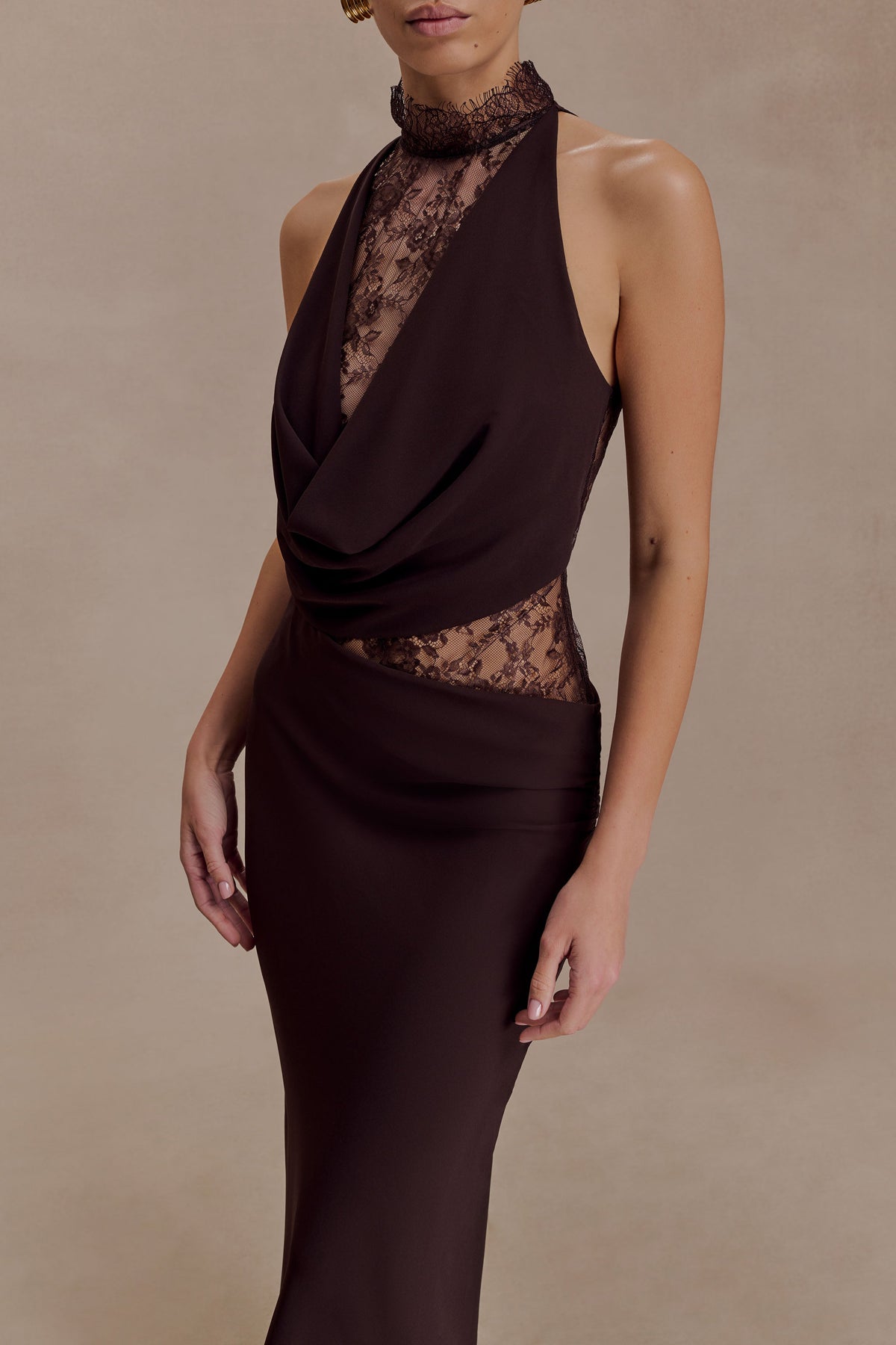 Arra Chiffon And Lace Halter Maxi Dress - Cacao Brown #3