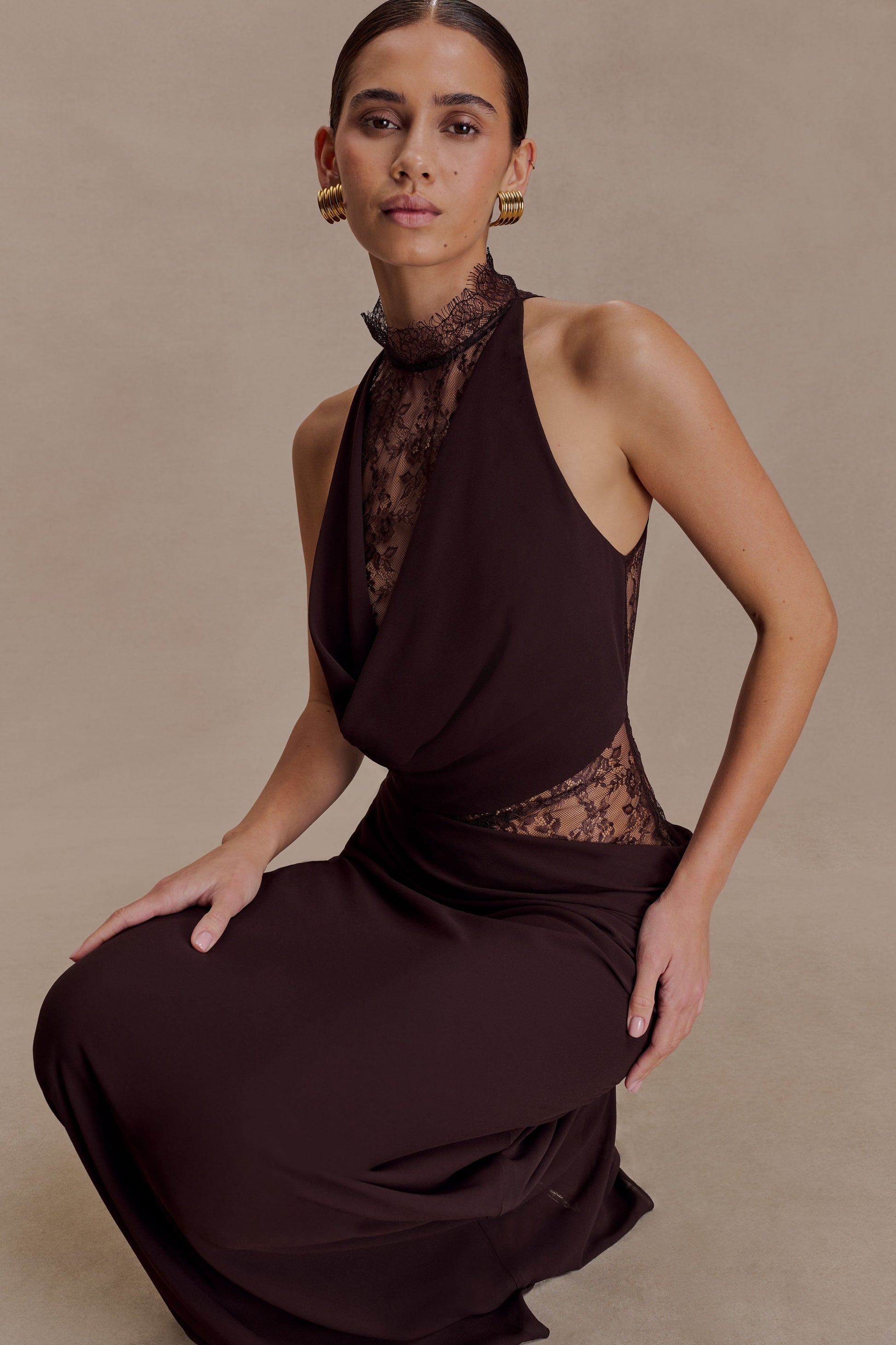 Arra Chiffon And Lace Halter Maxi Dress - Cacao Brown | MESHKI UK Arra Chiffon And Lace Halter Maxi Dress - Cacao Brown | MESHKI UK