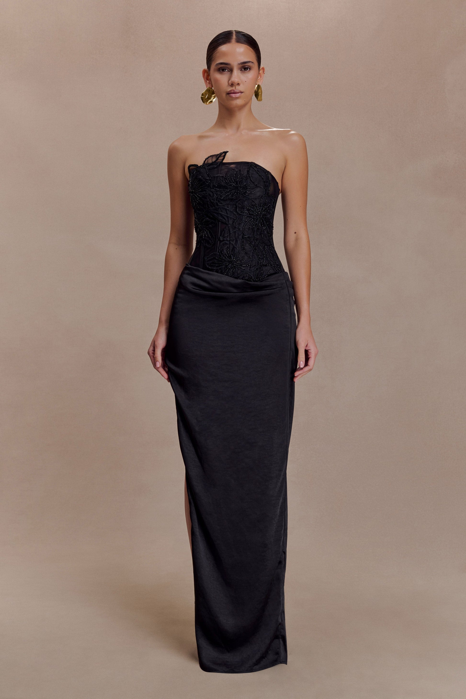 Asha Floral Mesh And Satin Maxi Dress - Black