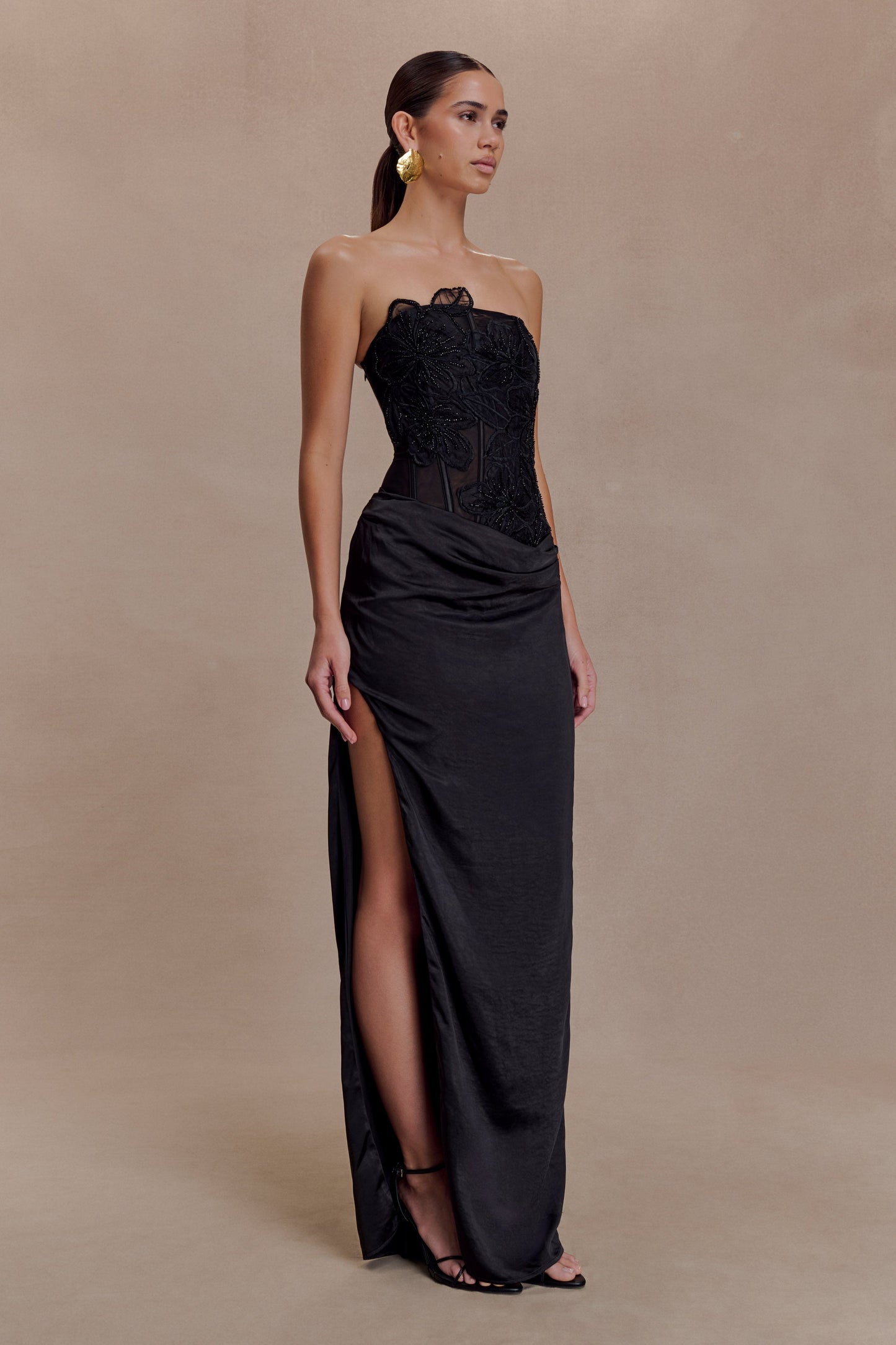 Asha Floral Mesh And Satin Maxi Dress - Black