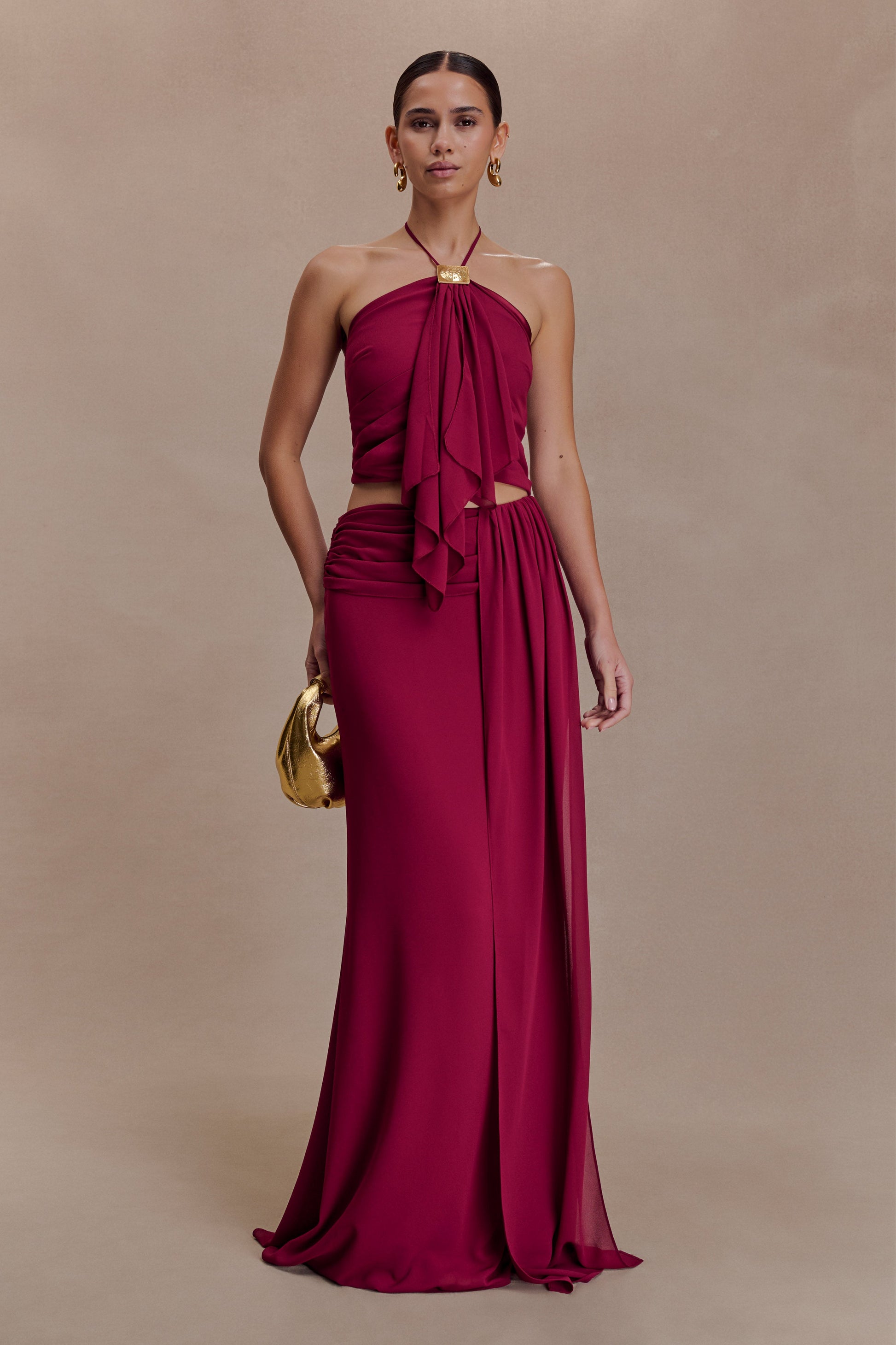 Celina Chiffon Halter Top With Hardware - Cherry Red #4