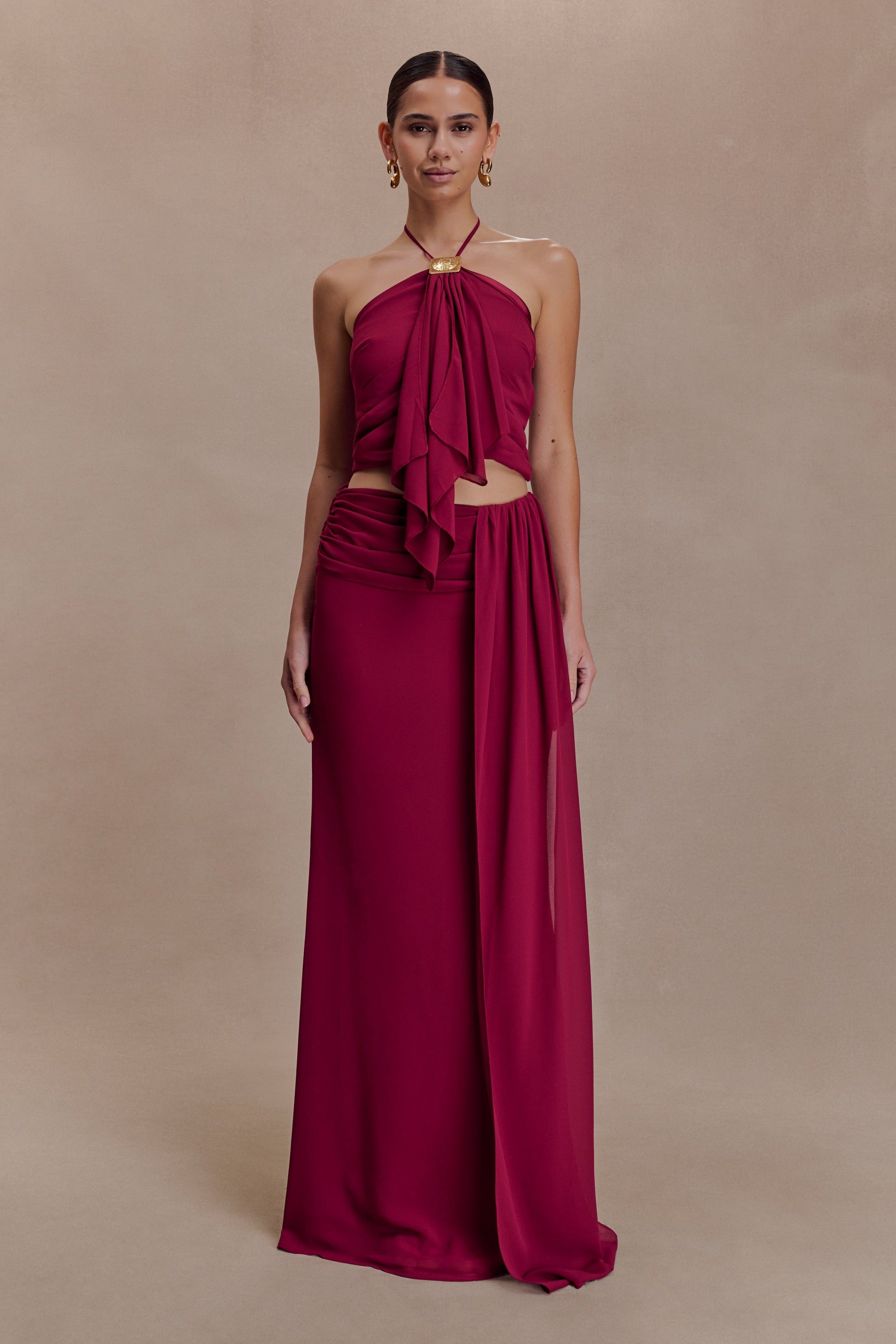 Celina Chiffon Halter Top With Hardware - Cherry Red #6