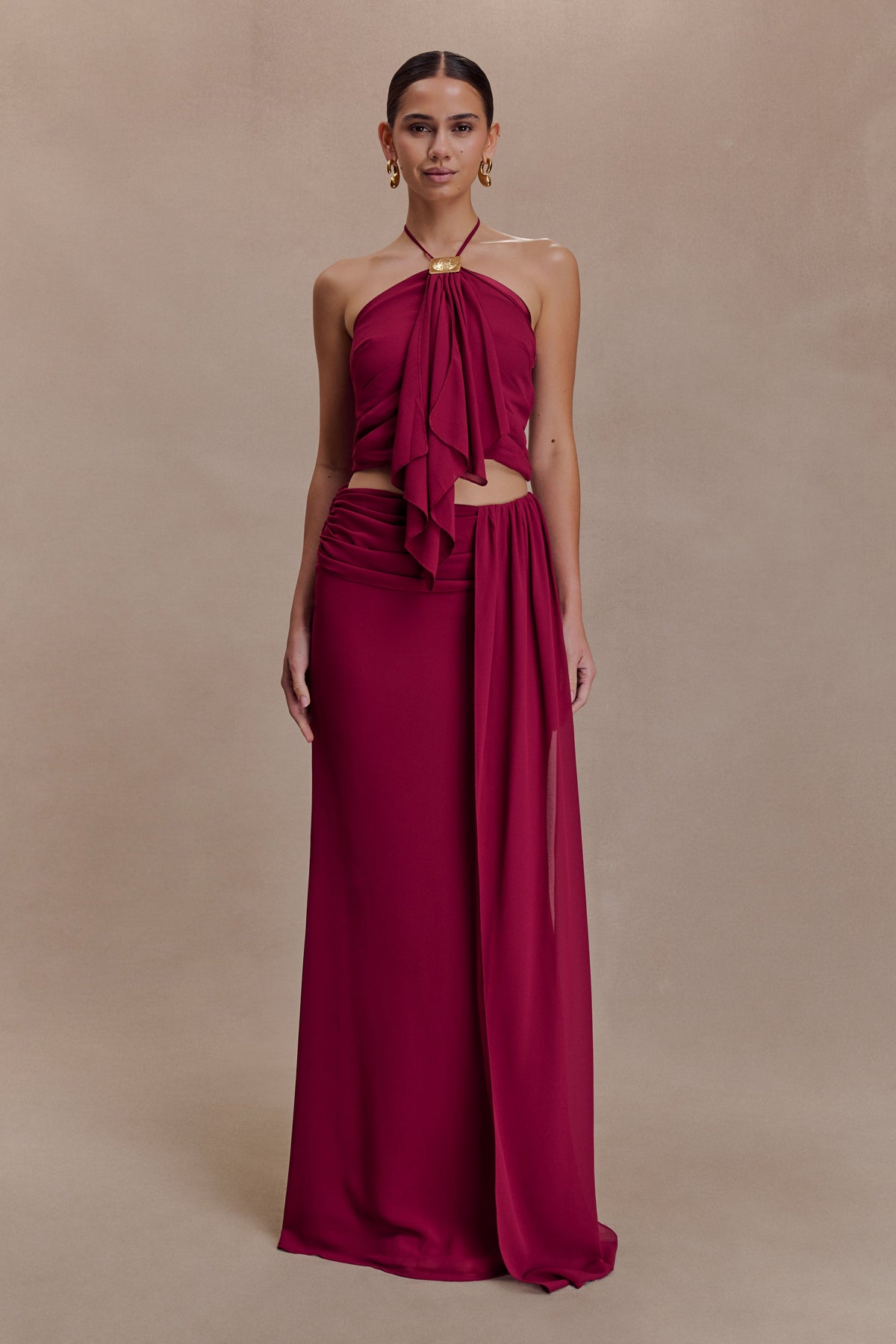 Celina Chiffon Halter Top With Hardware - Cherry Red #6
