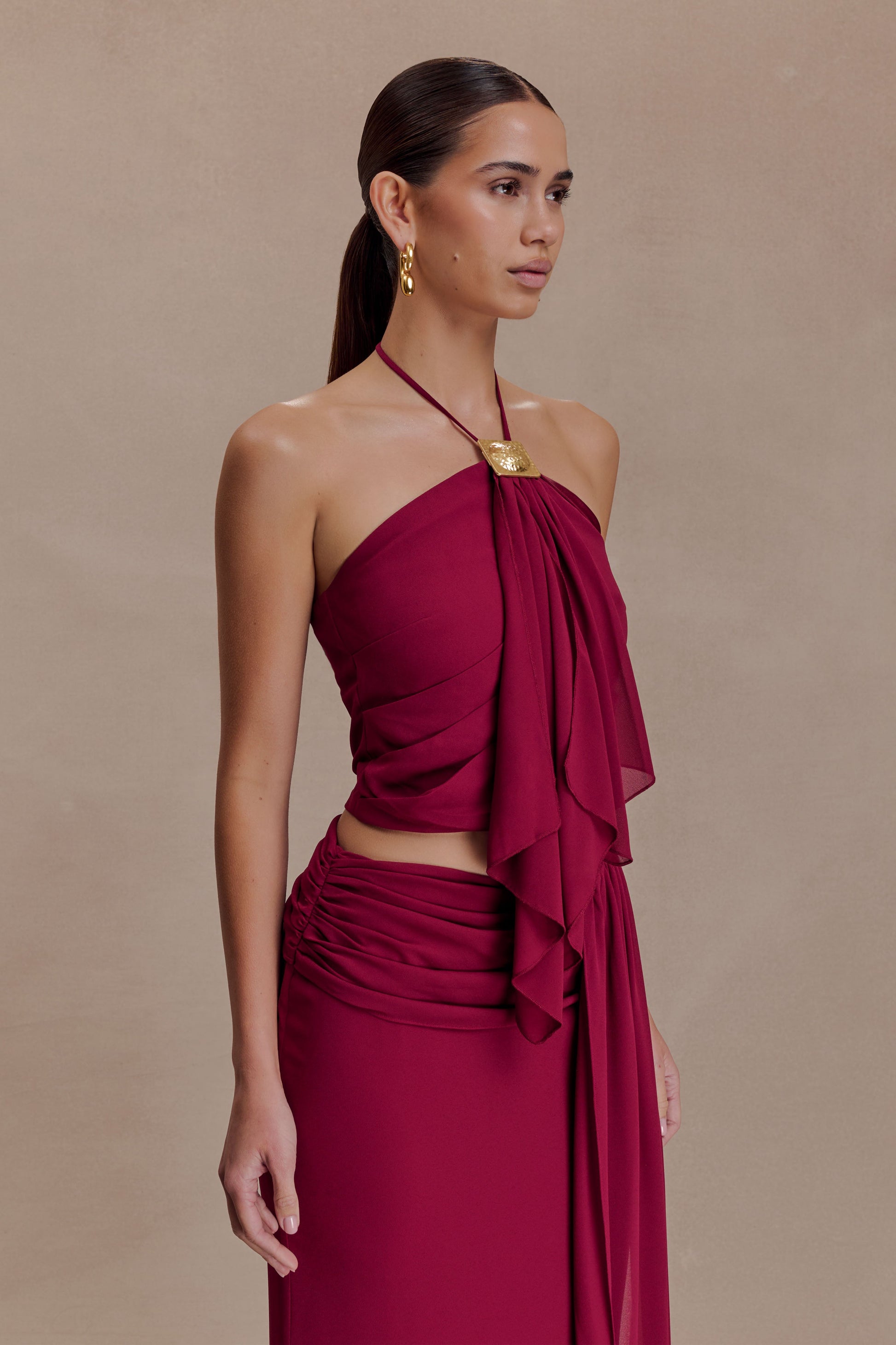 Celina Chiffon Halter Top With Hardware - Cherry Red #2