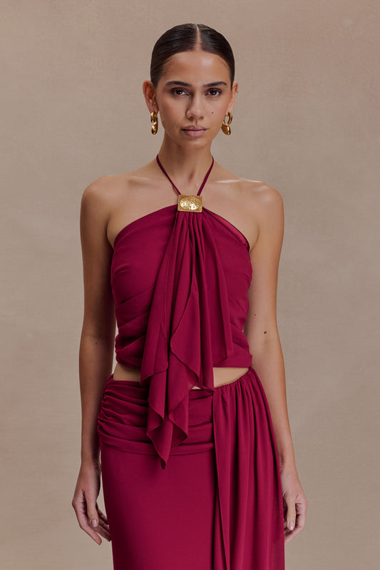 Celina Chiffon Halter Top With Hardware - Cherry Red