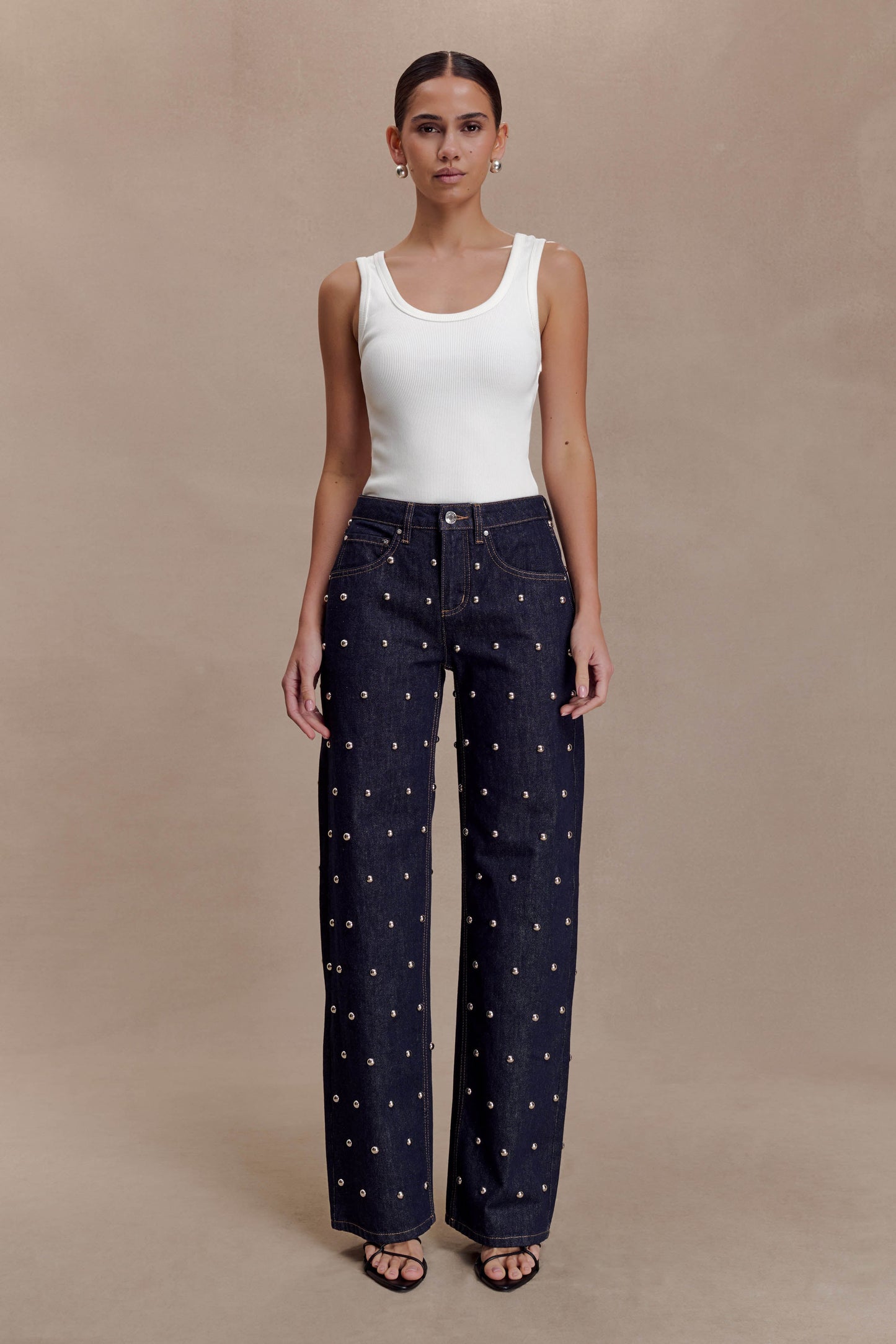 Alima Mid Rise Stud Denim Jeans - Washed Indigo Blue