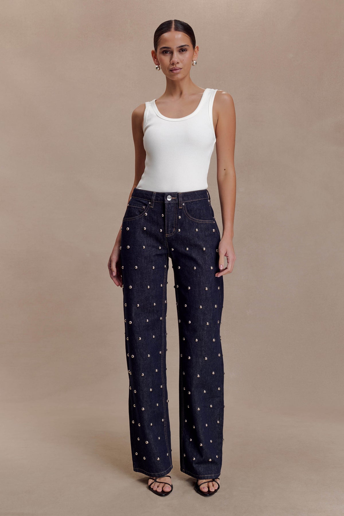 Alima Mid Rise Stud Denim Jeans - Washed Indigo Blue #2