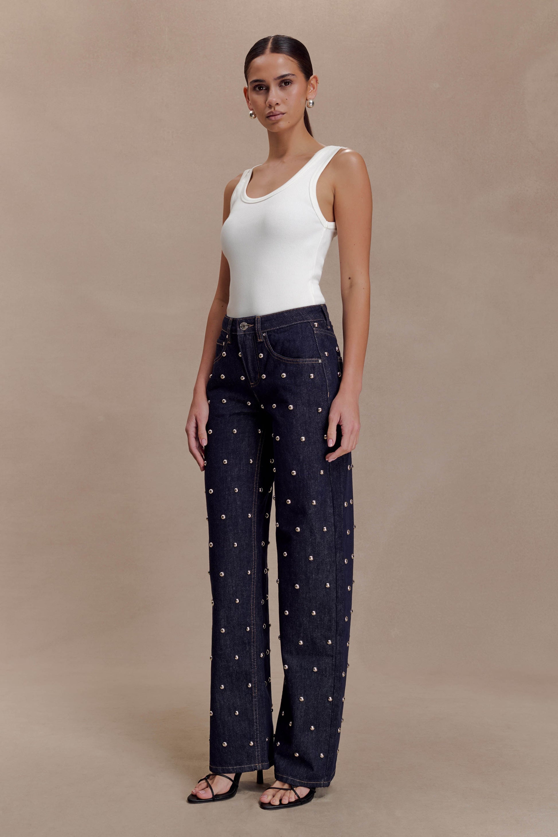 Alima Mid Rise Stud Denim Jeans - Washed Indigo Blue #4