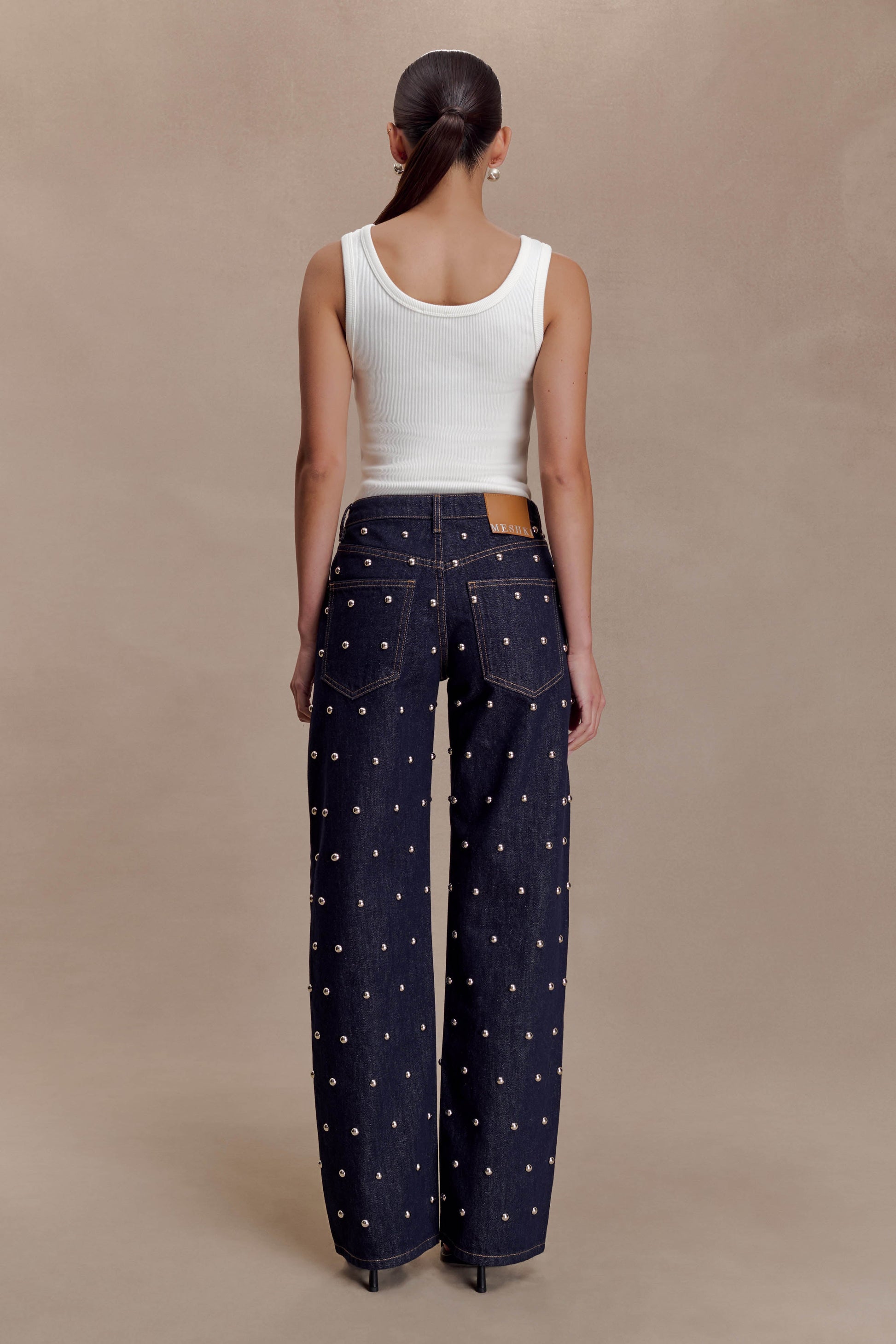 Alima Mid Rise Stud Denim Jeans - Washed Indigo Blue #3