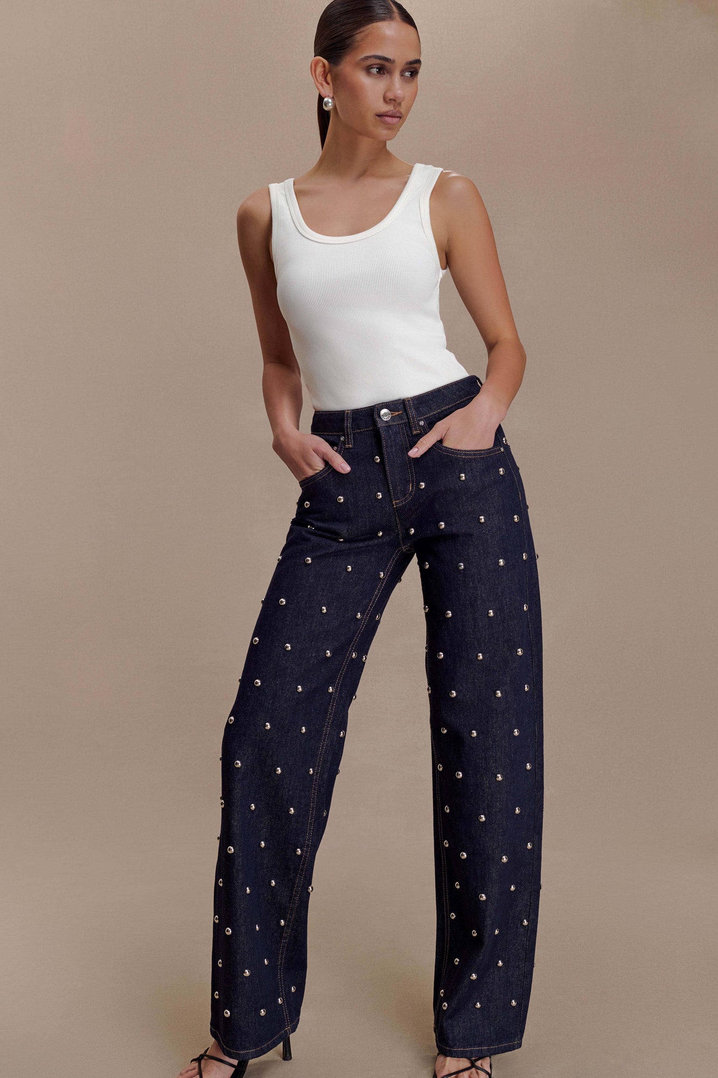 Alima Mid Rise Stud Denim Jeans - Washed Indigo Blue