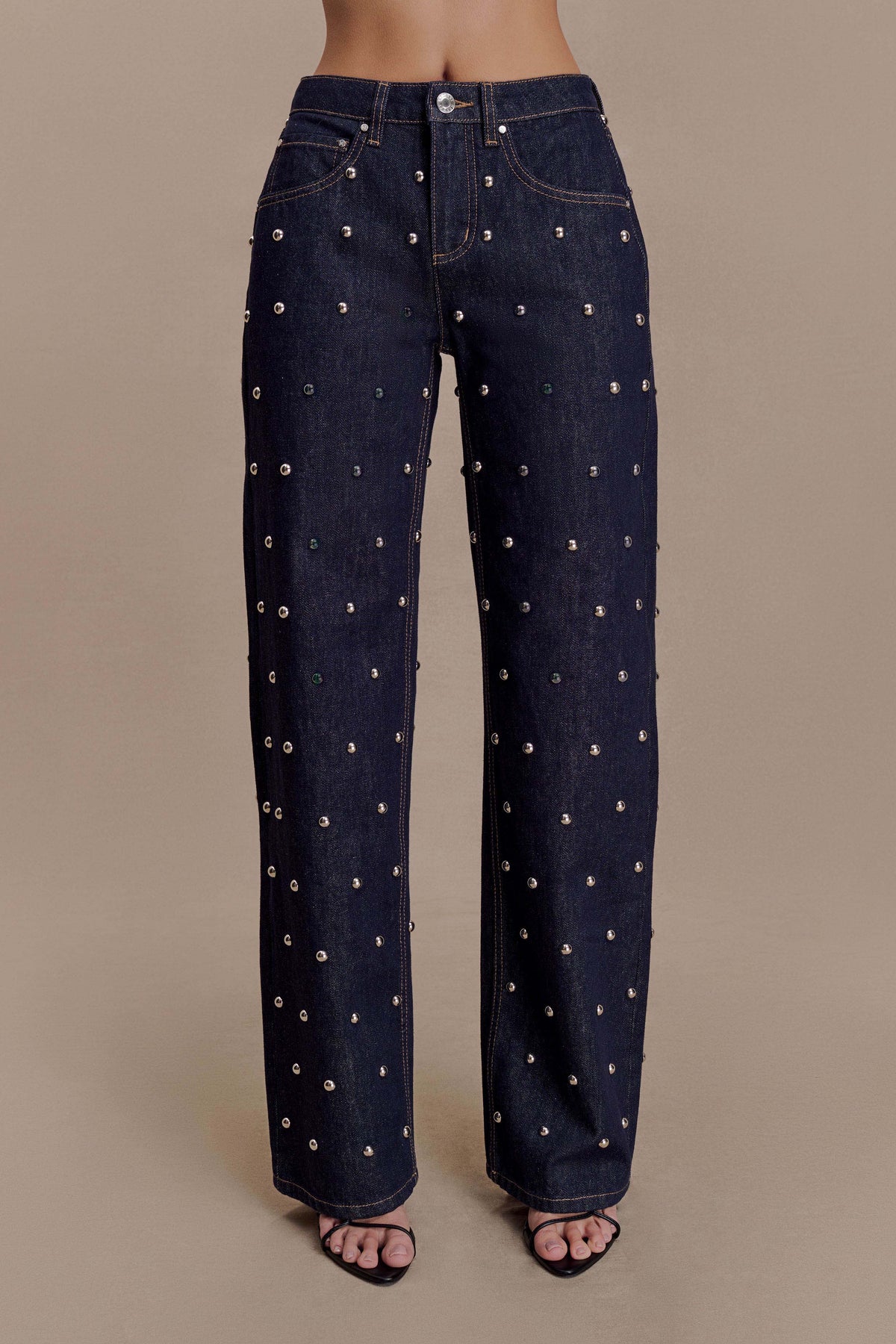 Alima Mid Rise Stud Denim Jeans - Washed Indigo Blue #6
