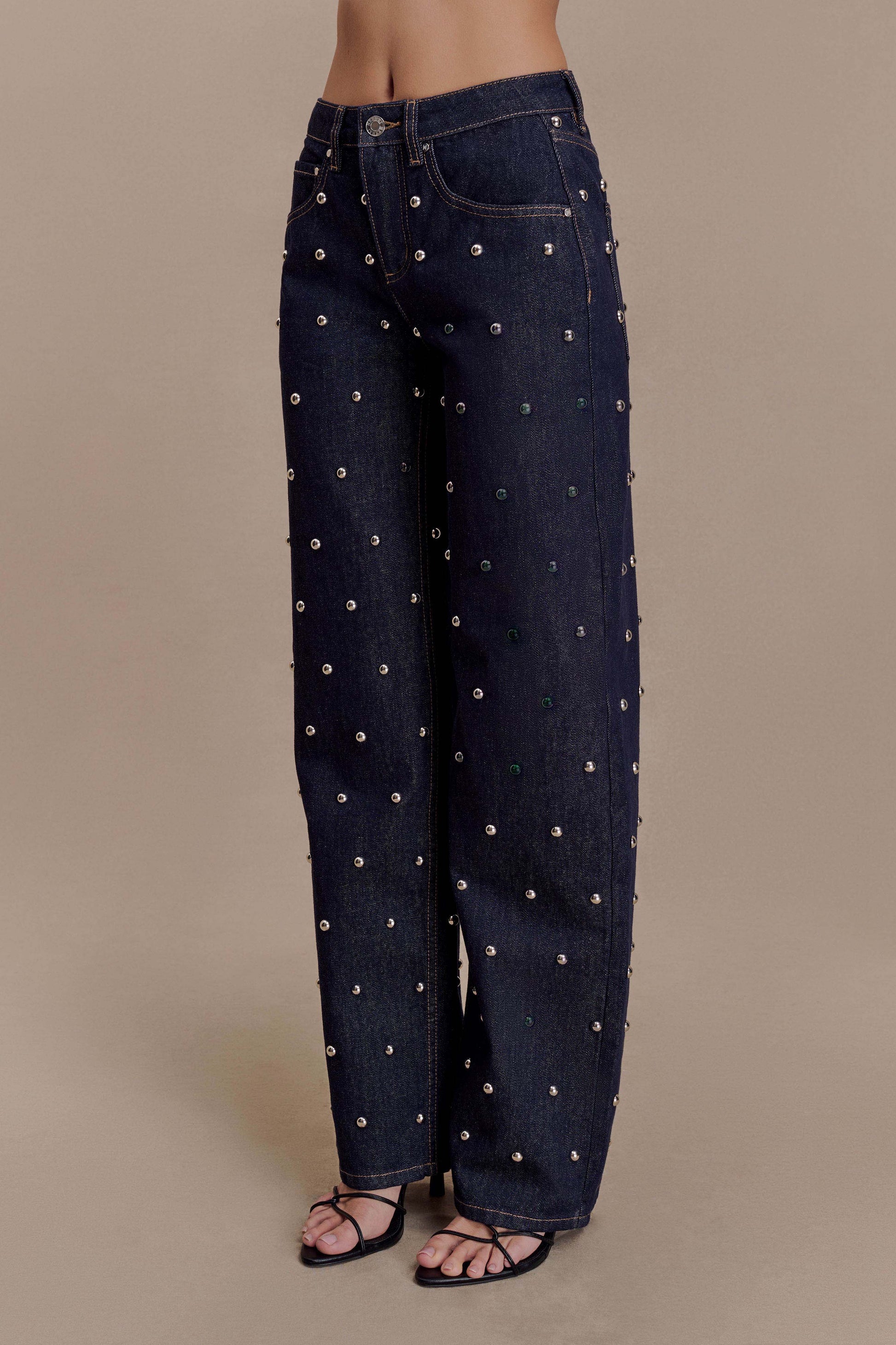 Alima Mid Rise Stud Denim Jeans - Washed Indigo Blue #8