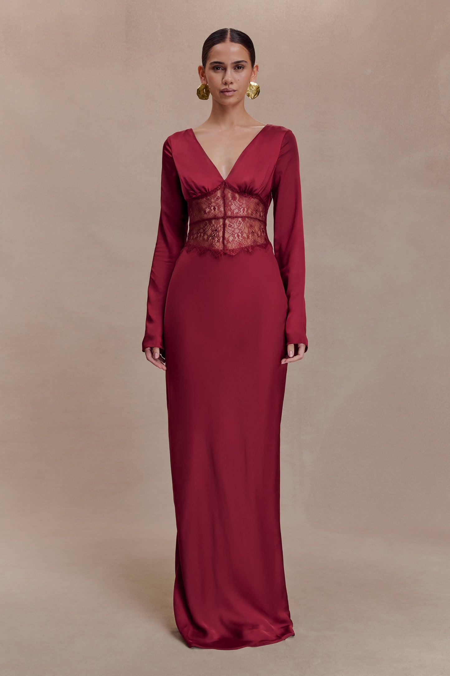 Kaya Long Sleeve Satin And Mesh Maxi Dress - Wine