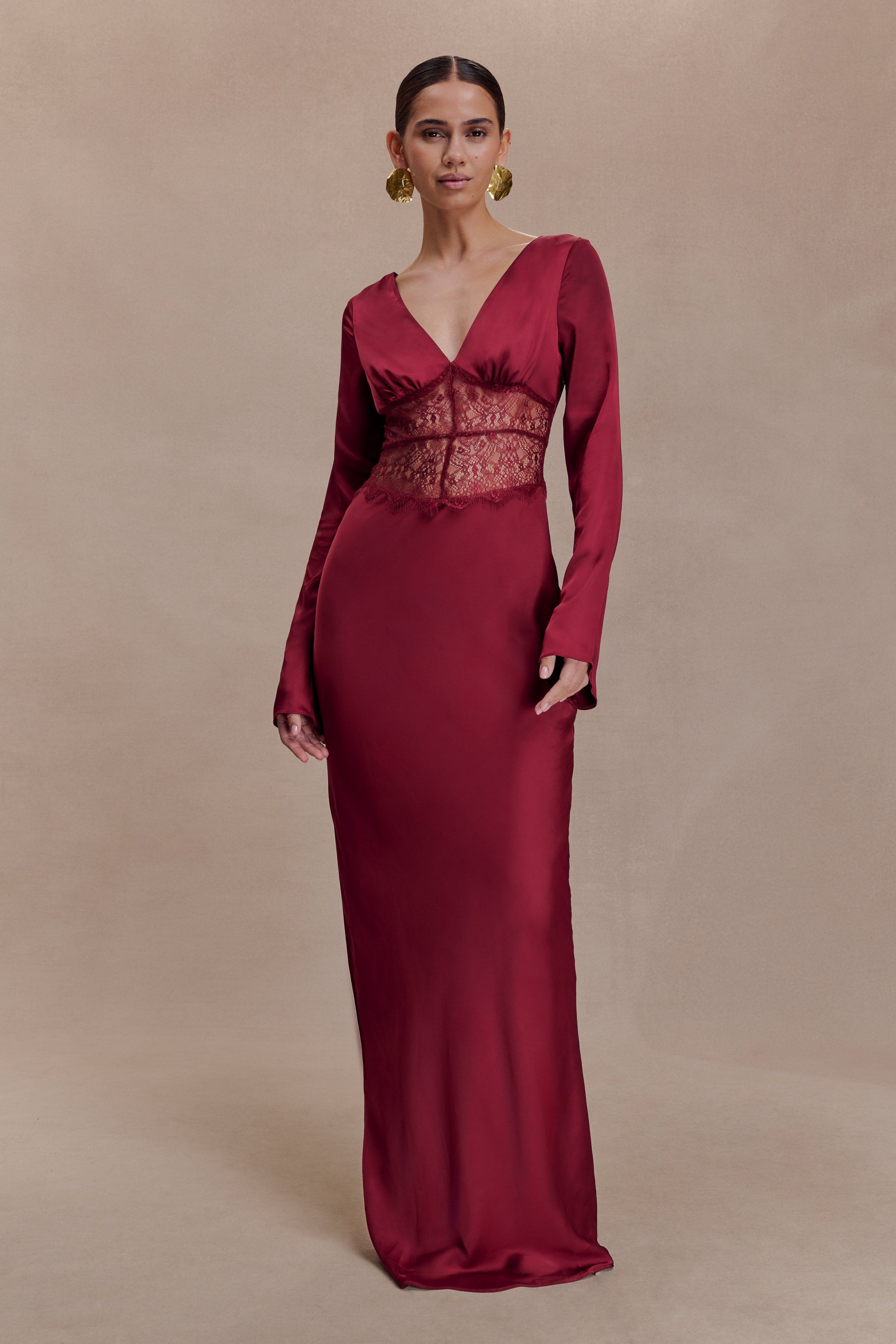 Kaya Long Sleeve Satin And Mesh Maxi Dress - Wine #4