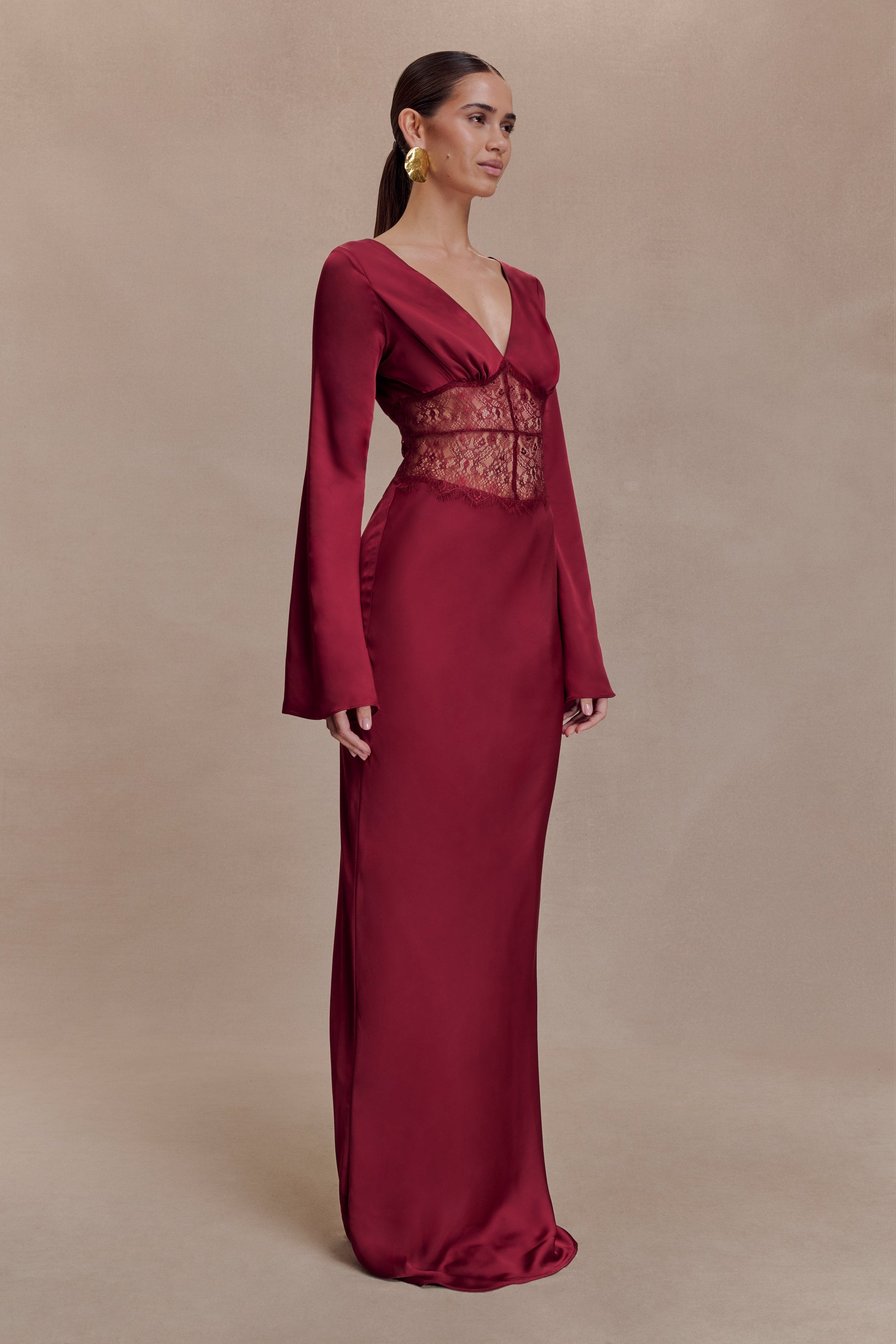 Kaya Long Sleeve Satin And Mesh Maxi Dress - Wine #3