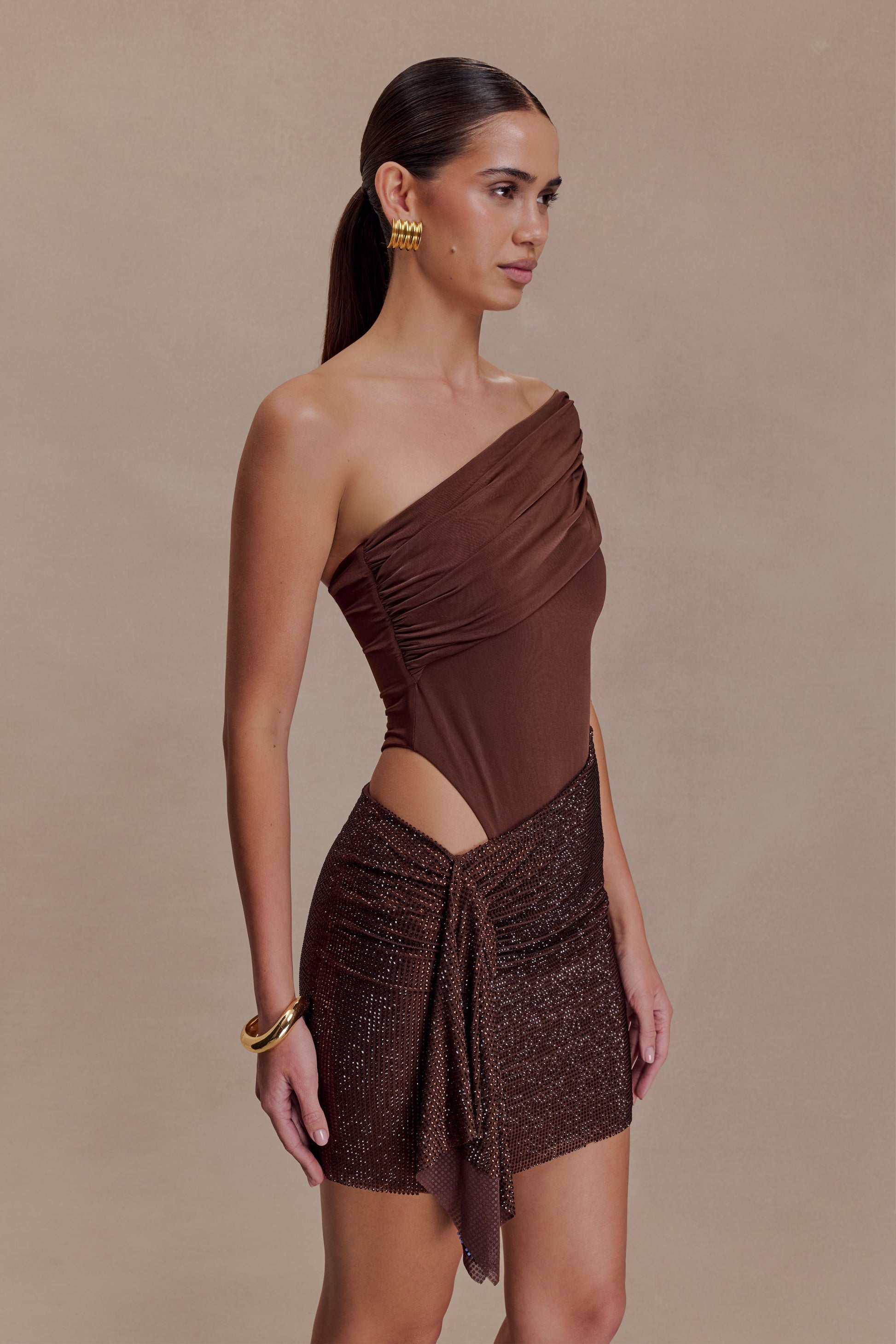 Paisley Slinky And Diamante Mini Dress - Chocolate #8