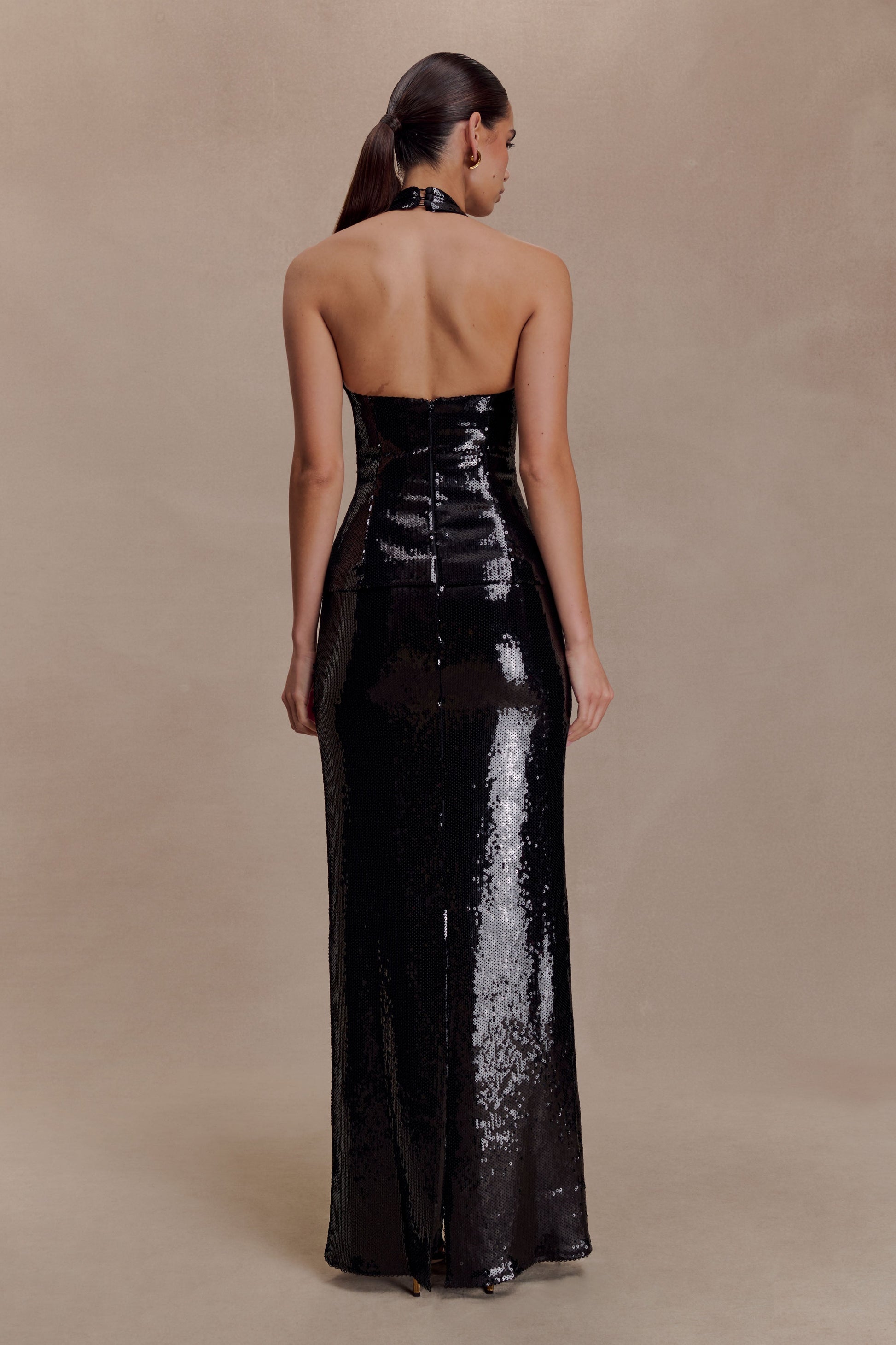 Bertie Sequin Peplum Halter Maxi Dress - Black Bertie Sequin Peplum Halter Maxi Dress - Black