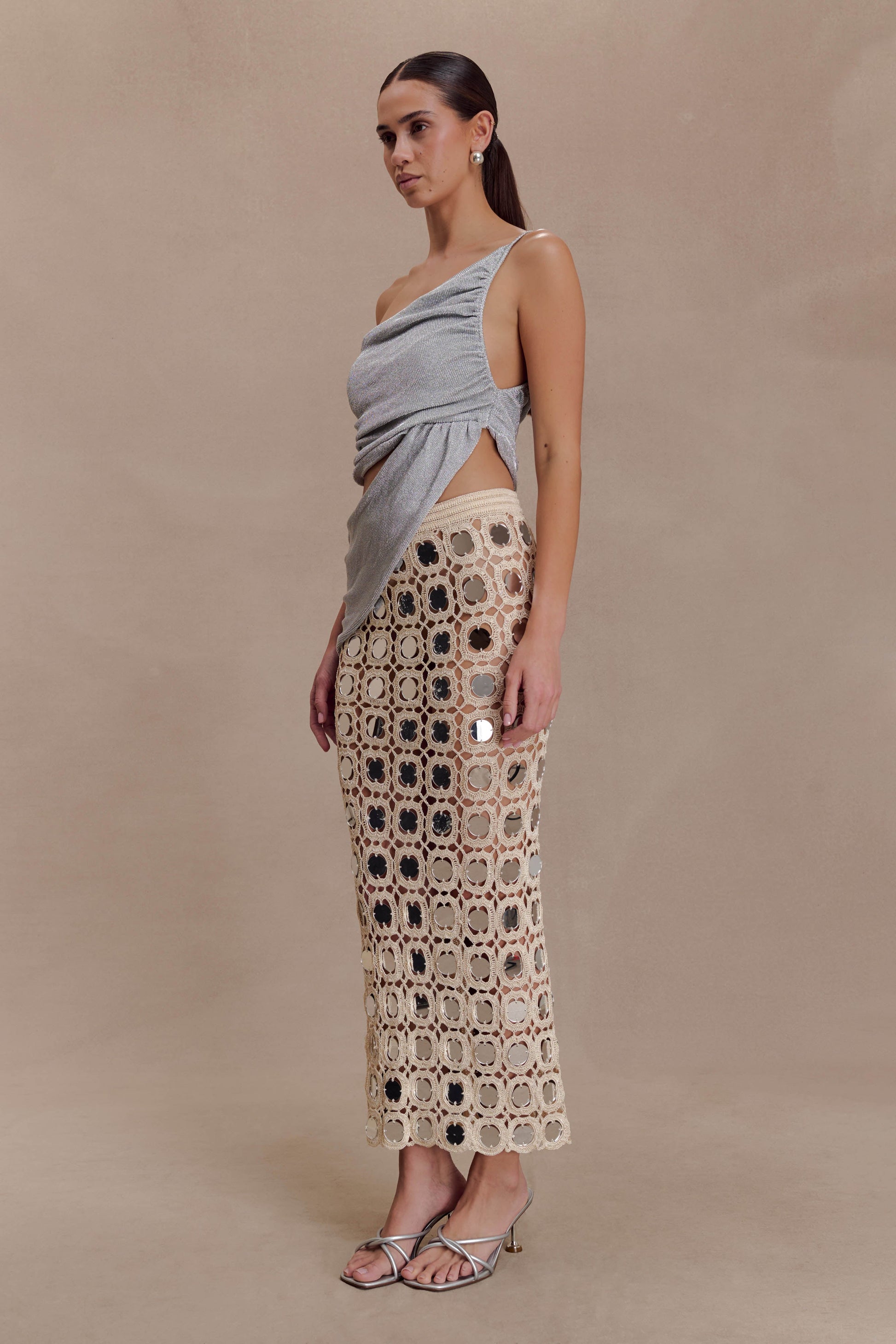 Noel Mirror Knit Midi Skirt - Beige #3