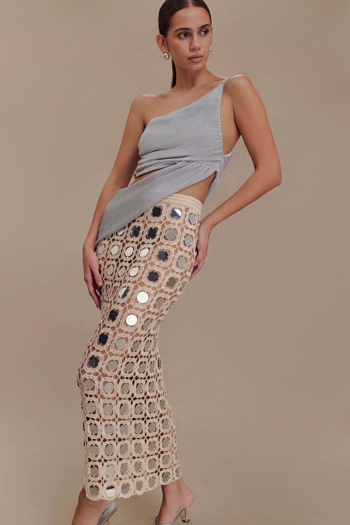 Noel Mirror Knit Midi Skirt - Beige