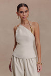 Gabby Asymmetrical Neckline Linen Beaded Top - Natural