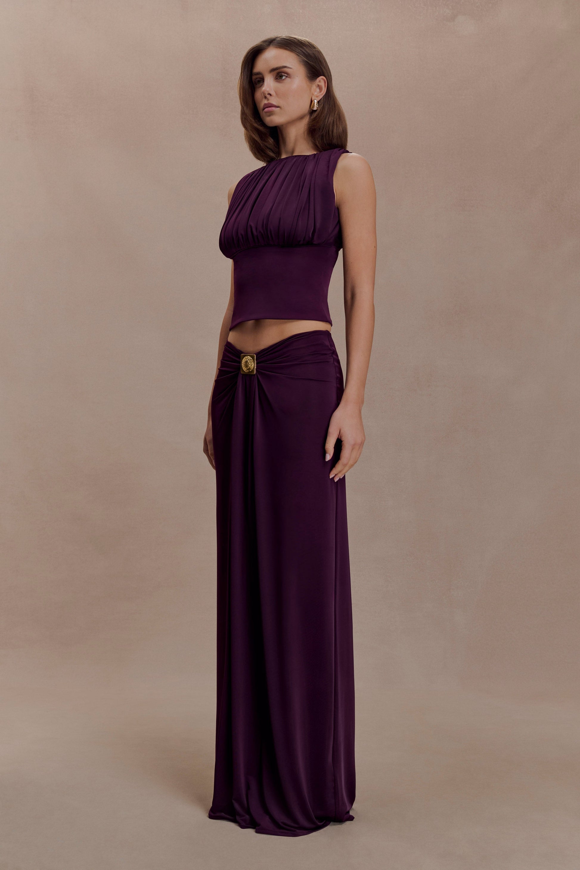 Erina Slinky Ruched Maxi Skirt With Hardware - Aubergine #3