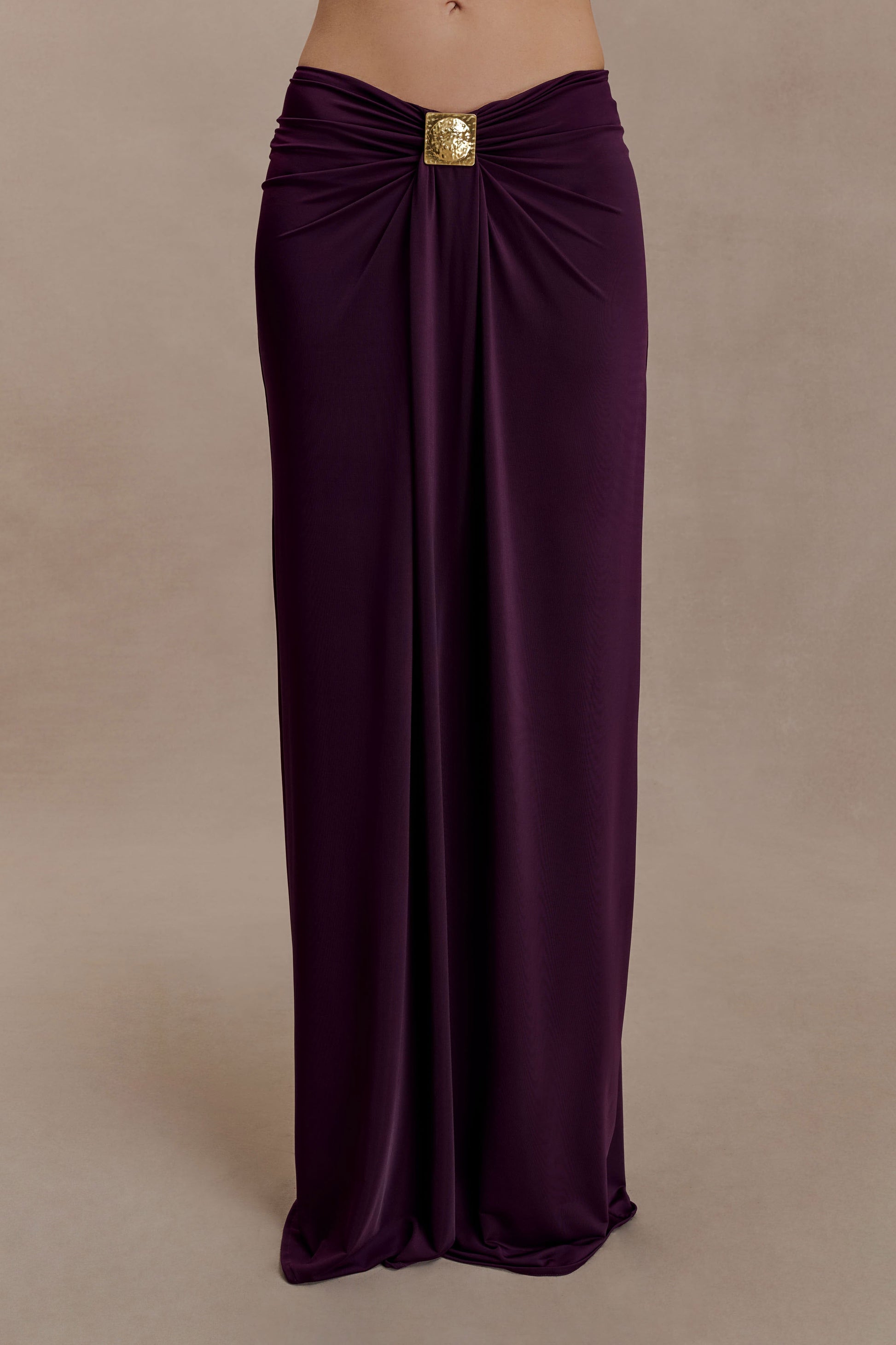 Erina Slinky Ruched Maxi Skirt With Hardware - Aubergine #6