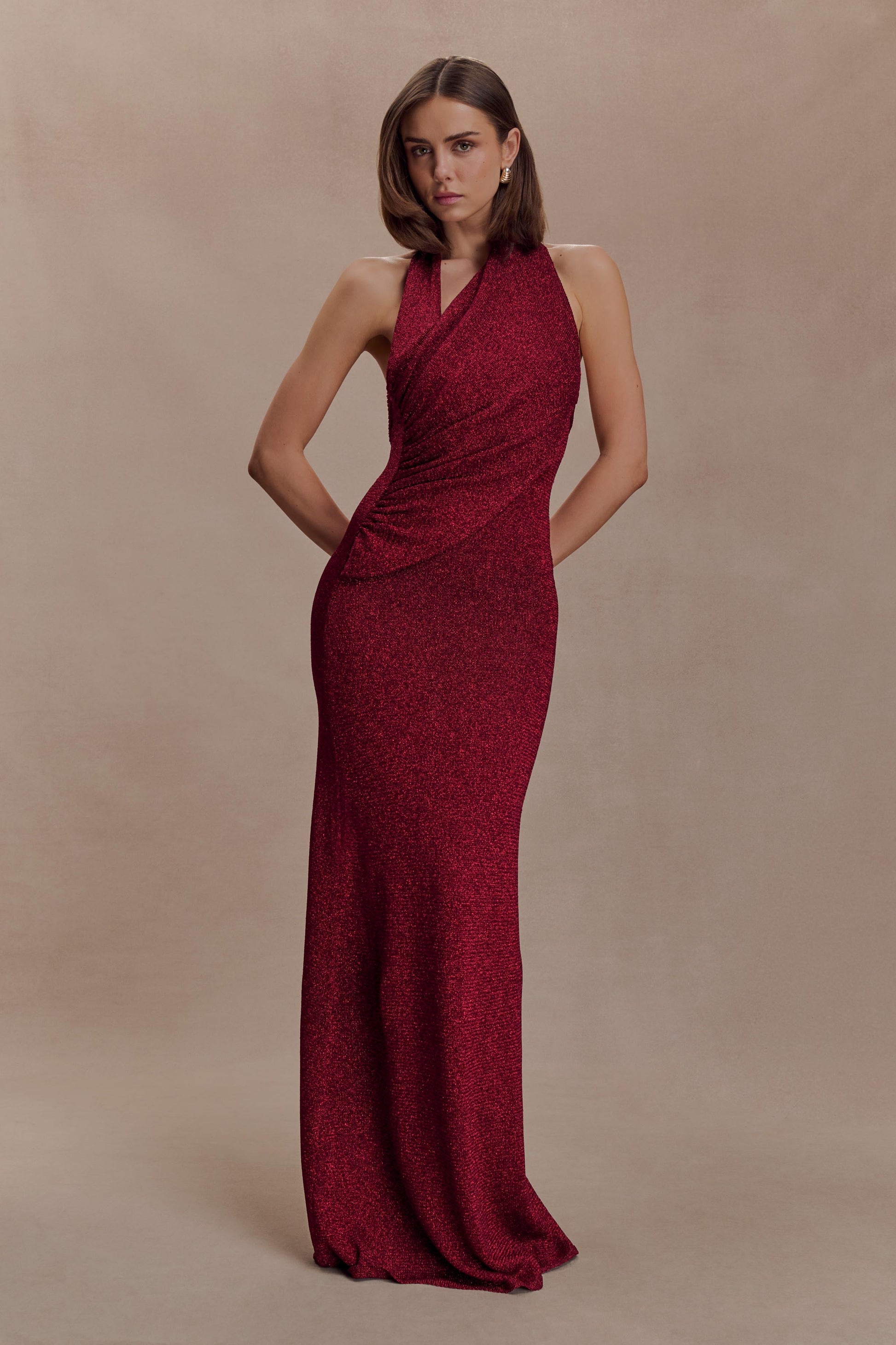 Elma Lurex Knit Halter Maxi Dress - Deep Red
