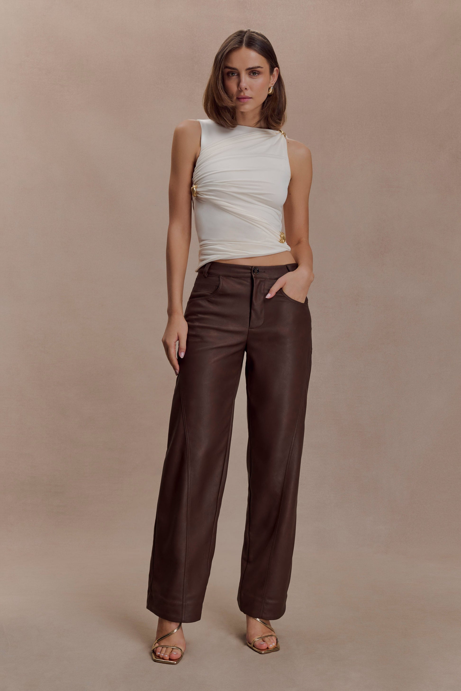 Theo Faux Leather Mid Rise Pants - Dark Chocolate