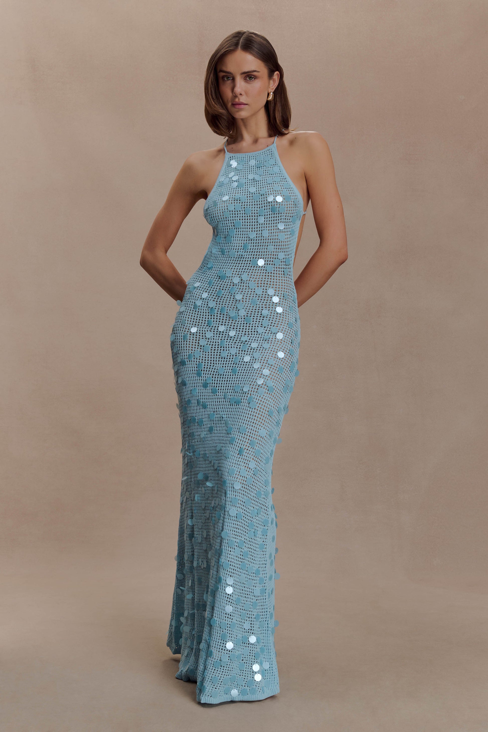 Carmen Crochet Sequin Maxi Open Back Dress - Blue | MESHKI UK Carmen Crochet Sequin Maxi Open Back Dress - Blue | MESHKI UK