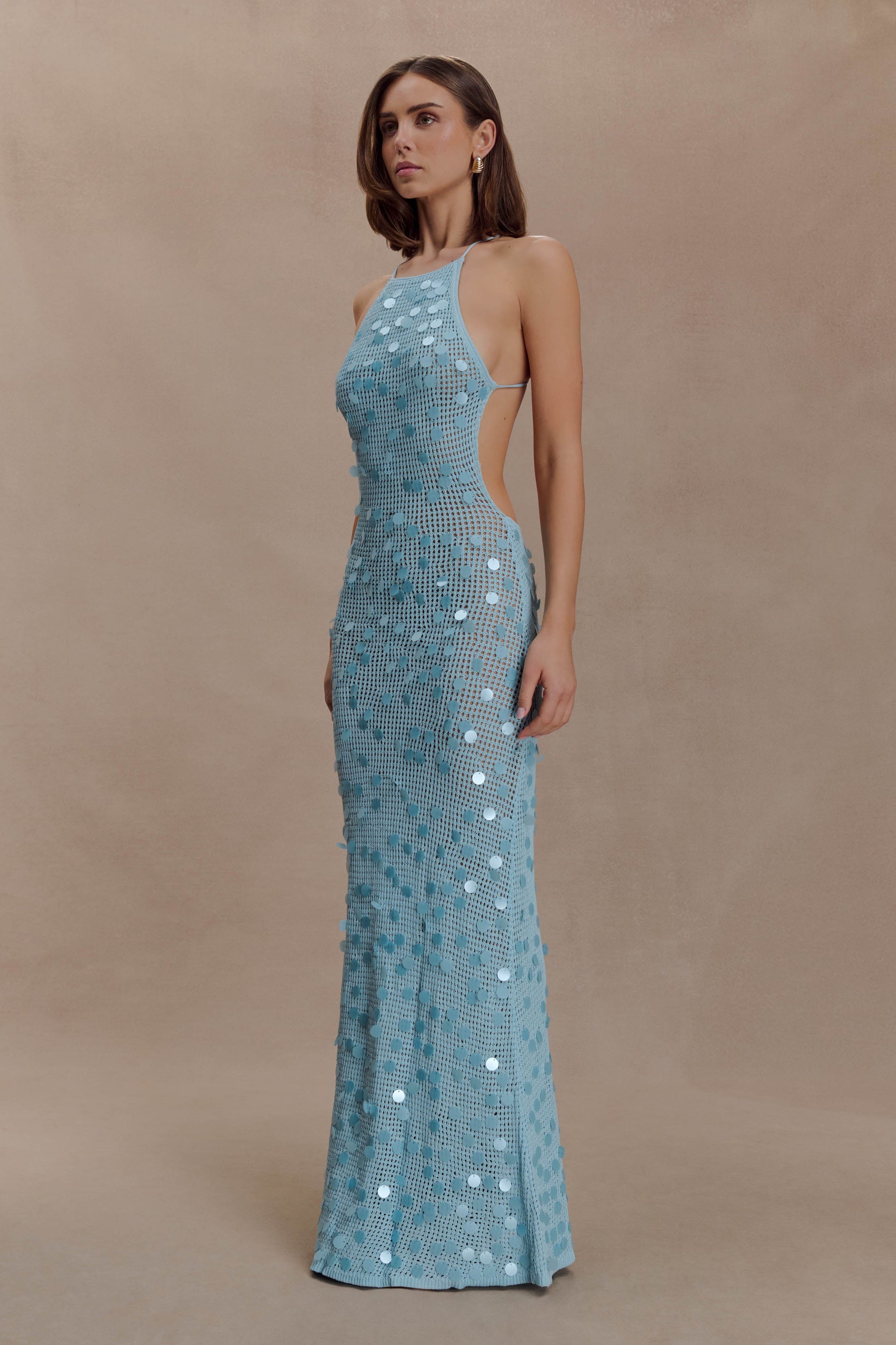 Carmen Crochet Sequin Maxi Open Back Dress - Blue #5