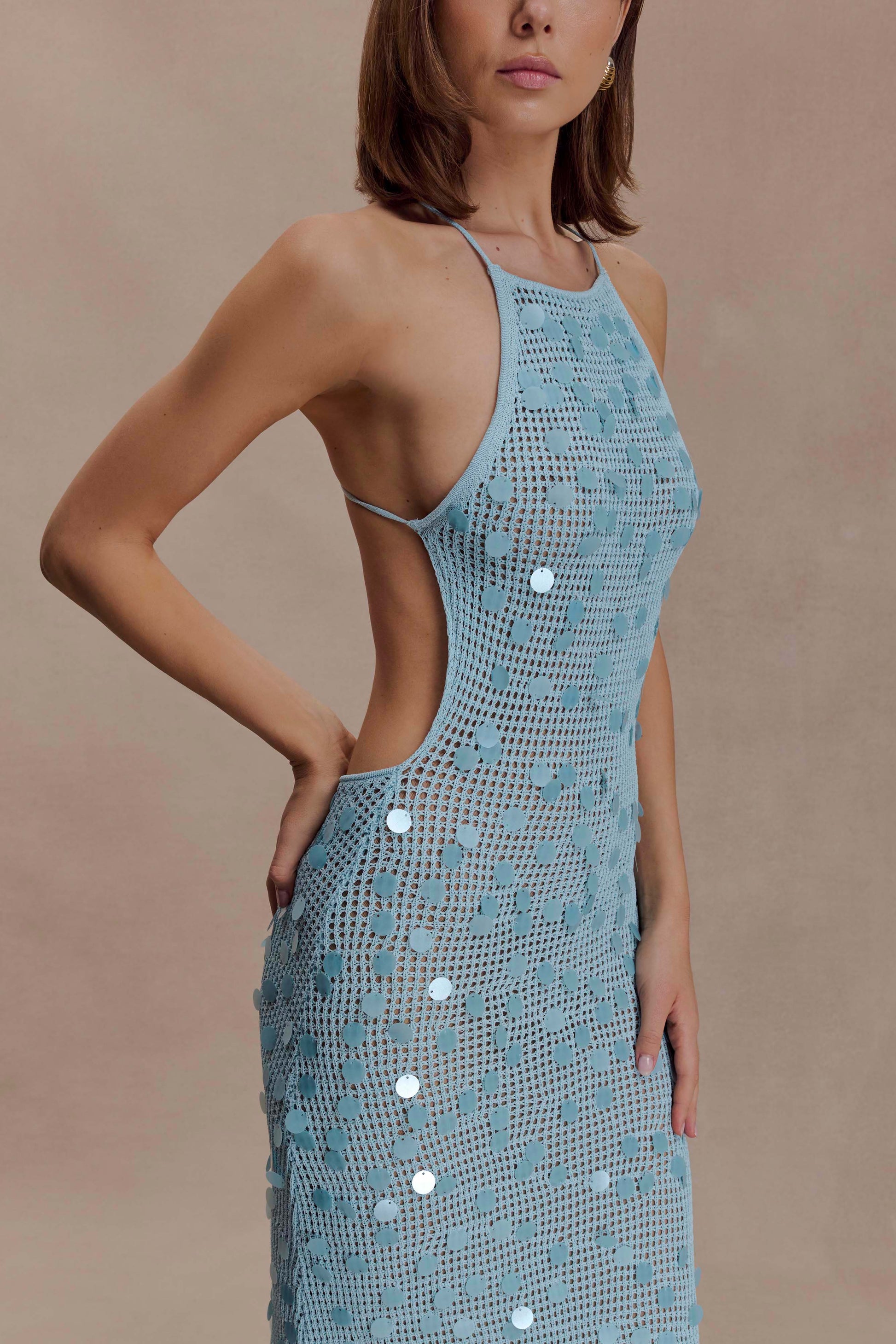 Carmen Crochet Sequin Maxi Open Back Dress - Blue #9