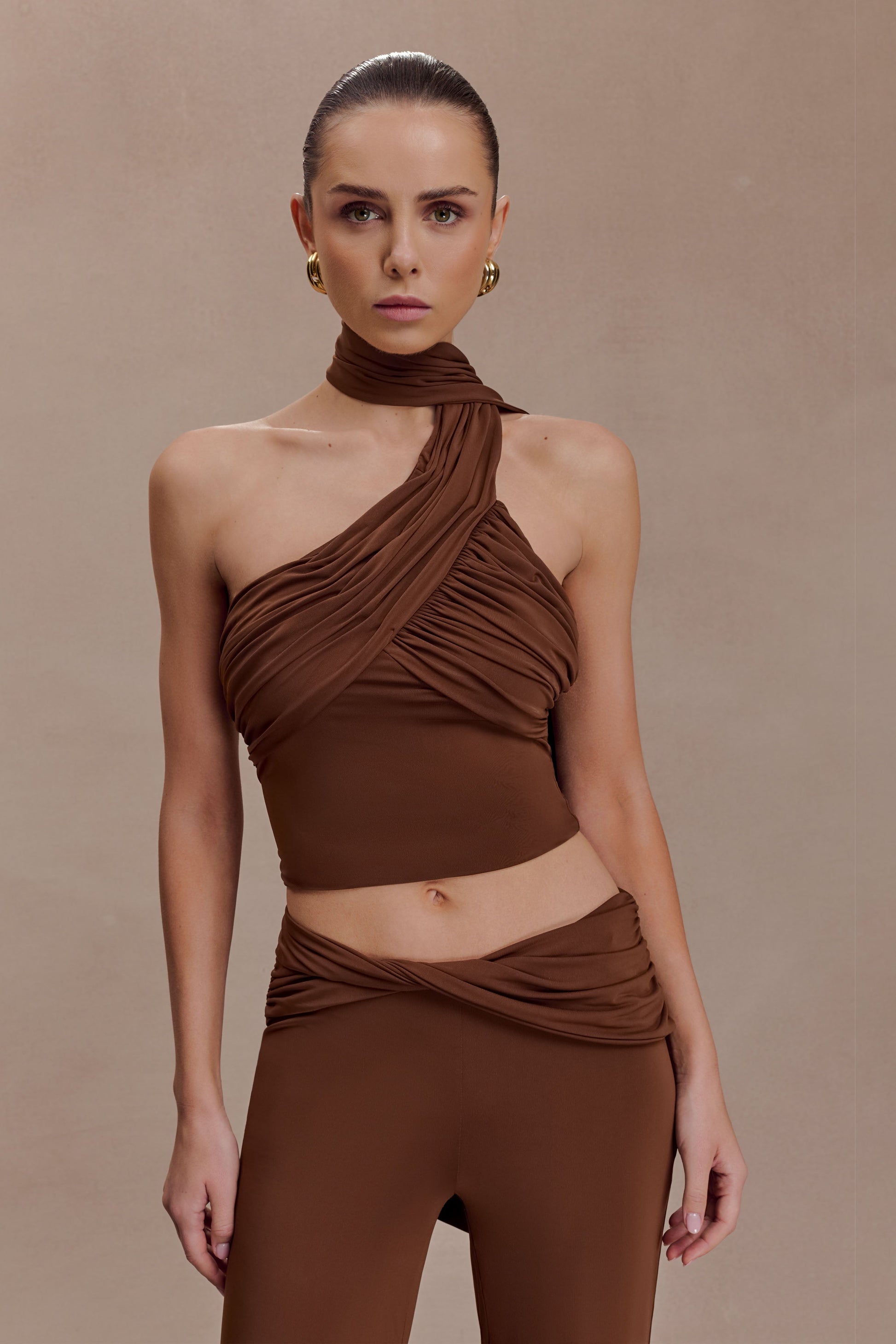 Lydia Slinky Asymmetrical Halter Top - Chocolate