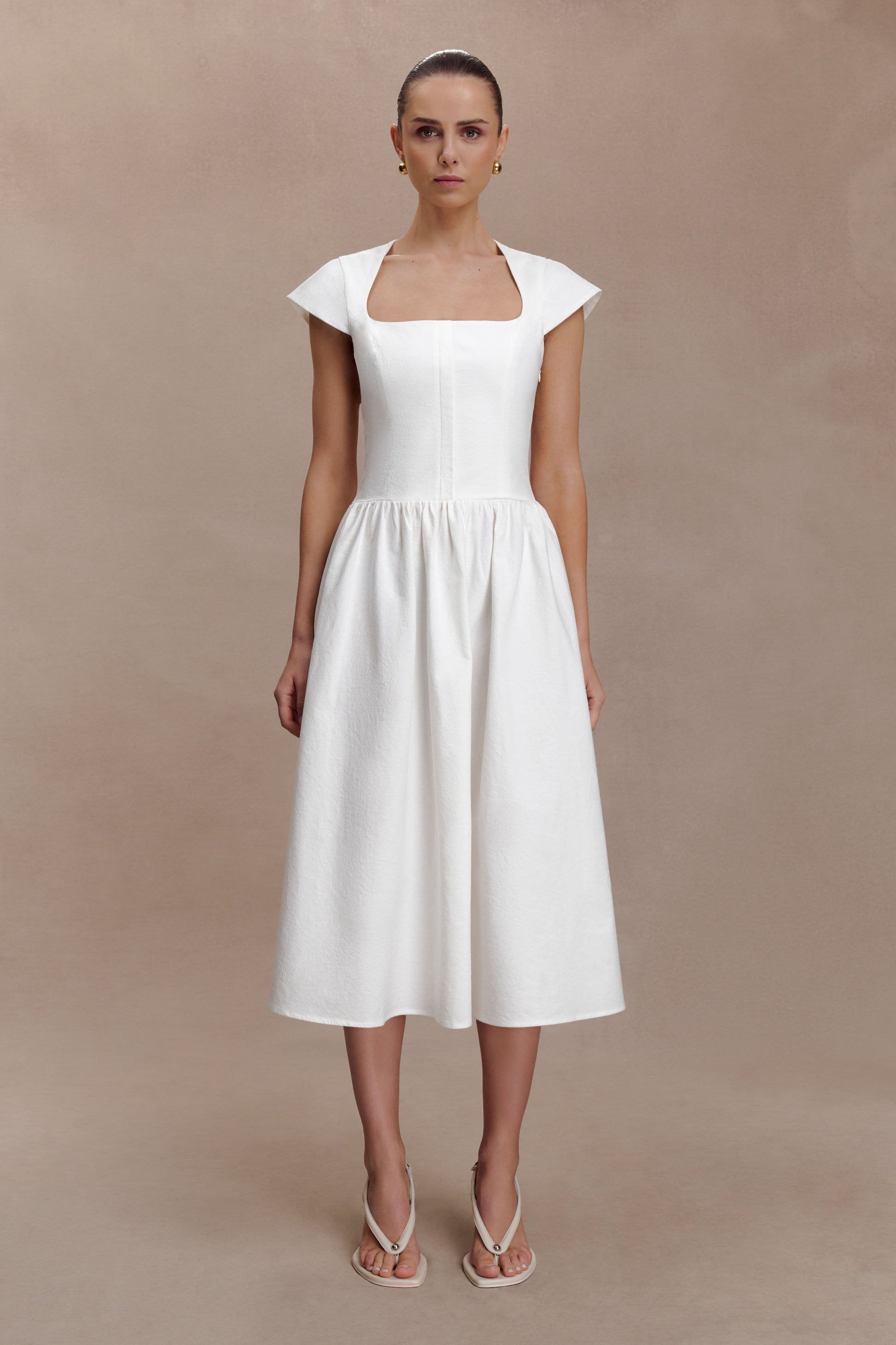 Ayla Cotton Fit And Flare Midi Dress - White | MESHKI UK Ayla Cotton Fit And Flare Midi Dress - White | MESHKI UK