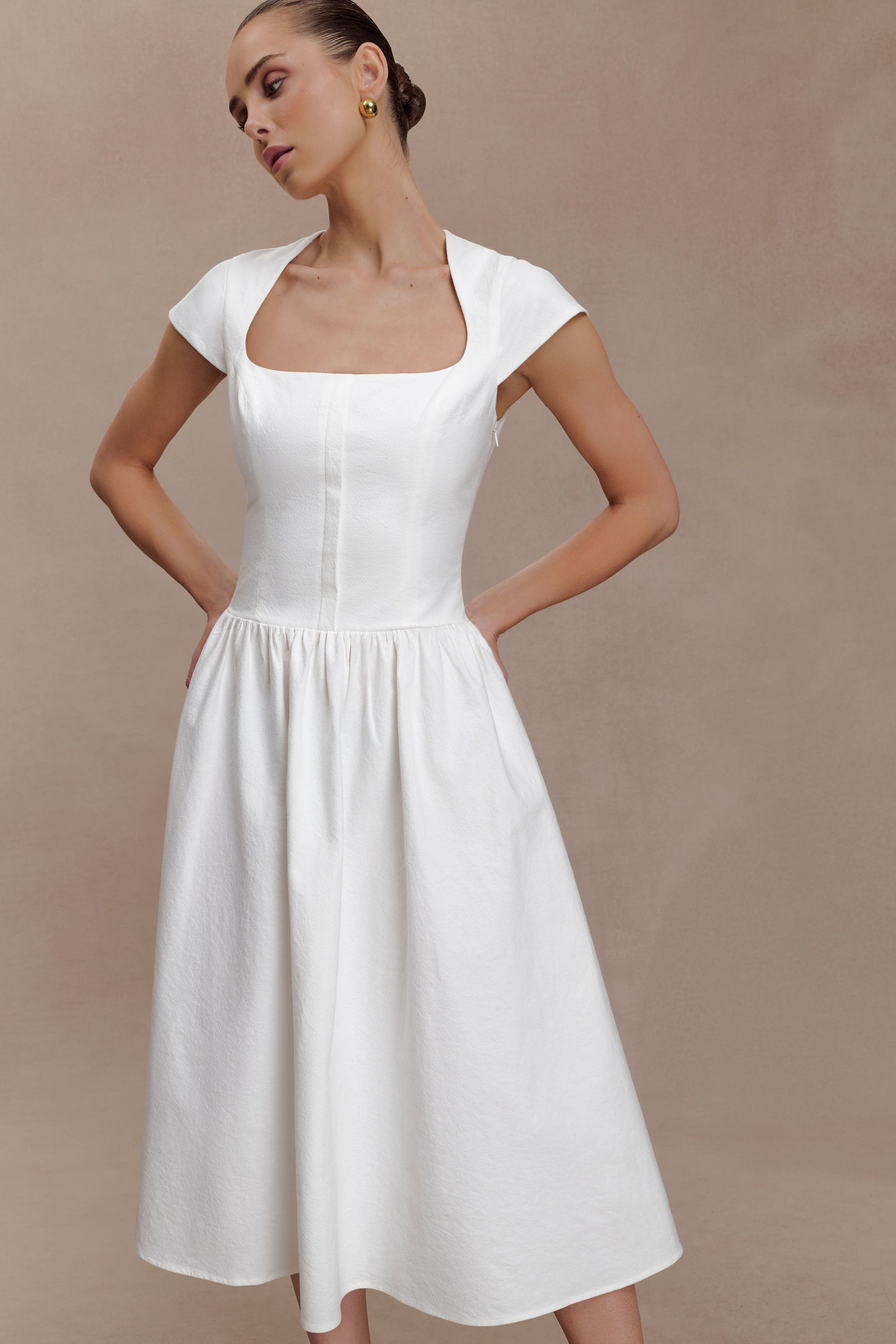 Ayla Cotton Fit And Flare Midi Dress - White | MESHKI UK Ayla Cotton Fit And Flare Midi Dress - White | MESHKI UK