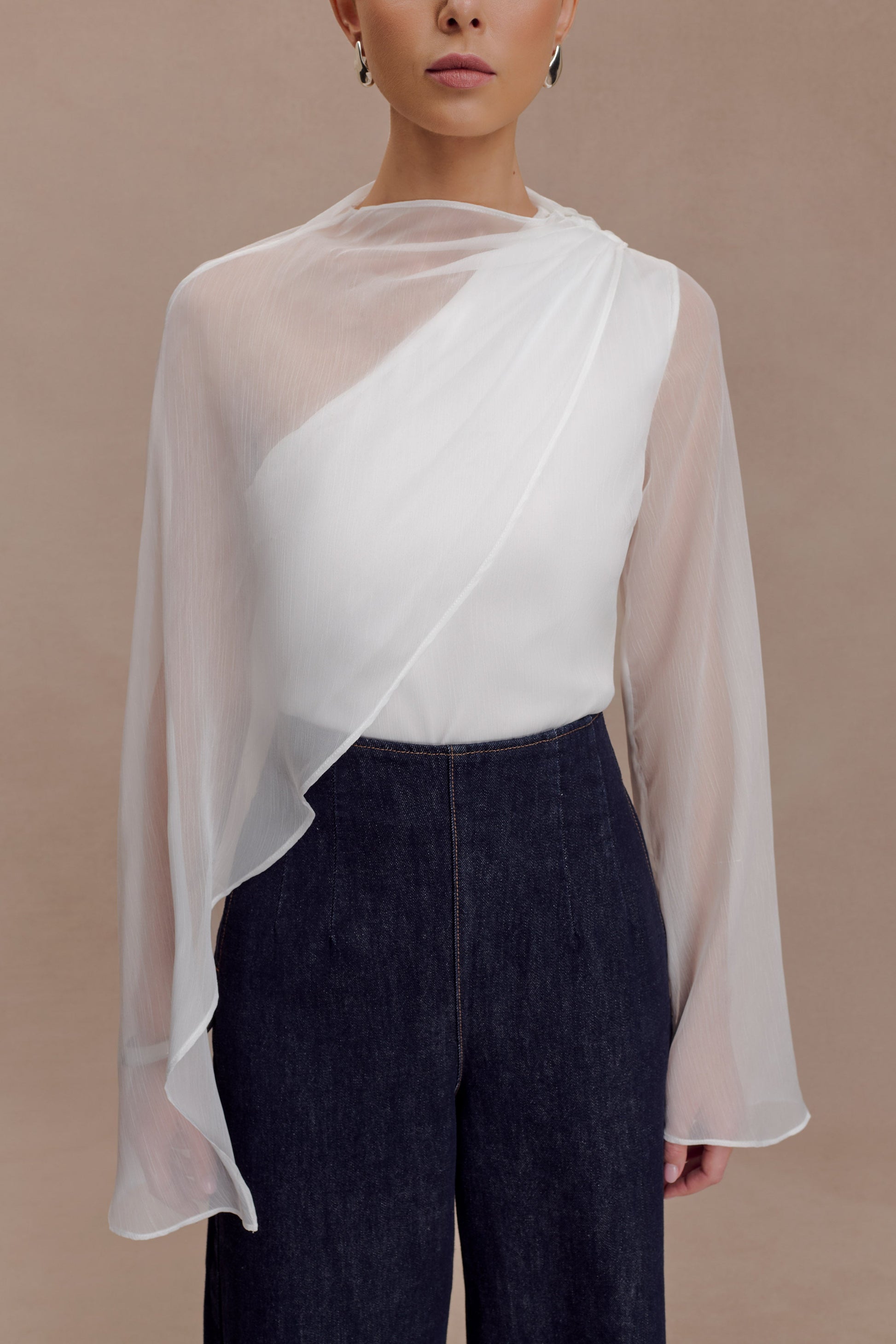 Ida Sheer Asymmetrical Long Sleeve Cape - White #3