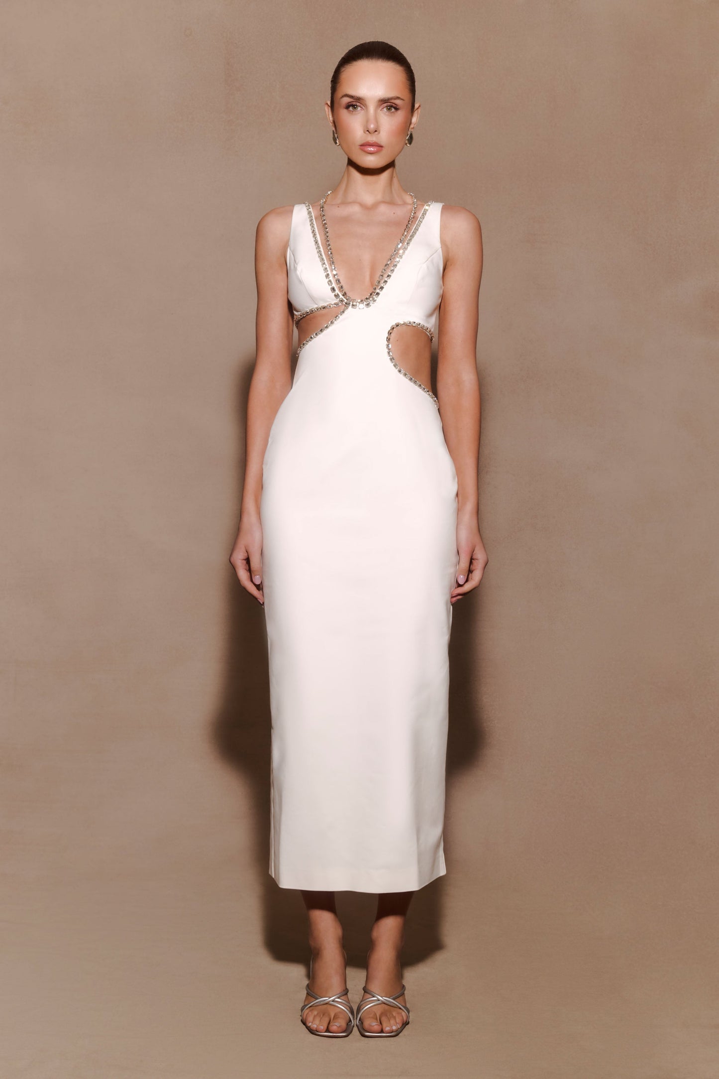 Henny Diamante Trim Cut Out Midi Dress - White