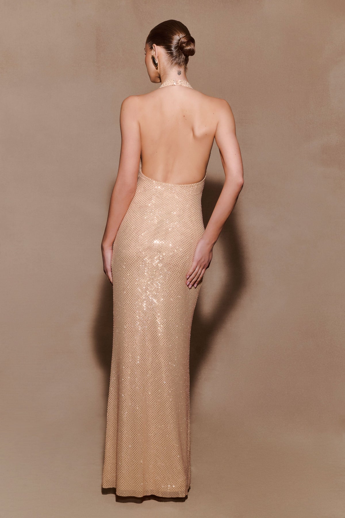 Harriet Halter Neck Diamante Maxi Dress - Sandy Gold #2