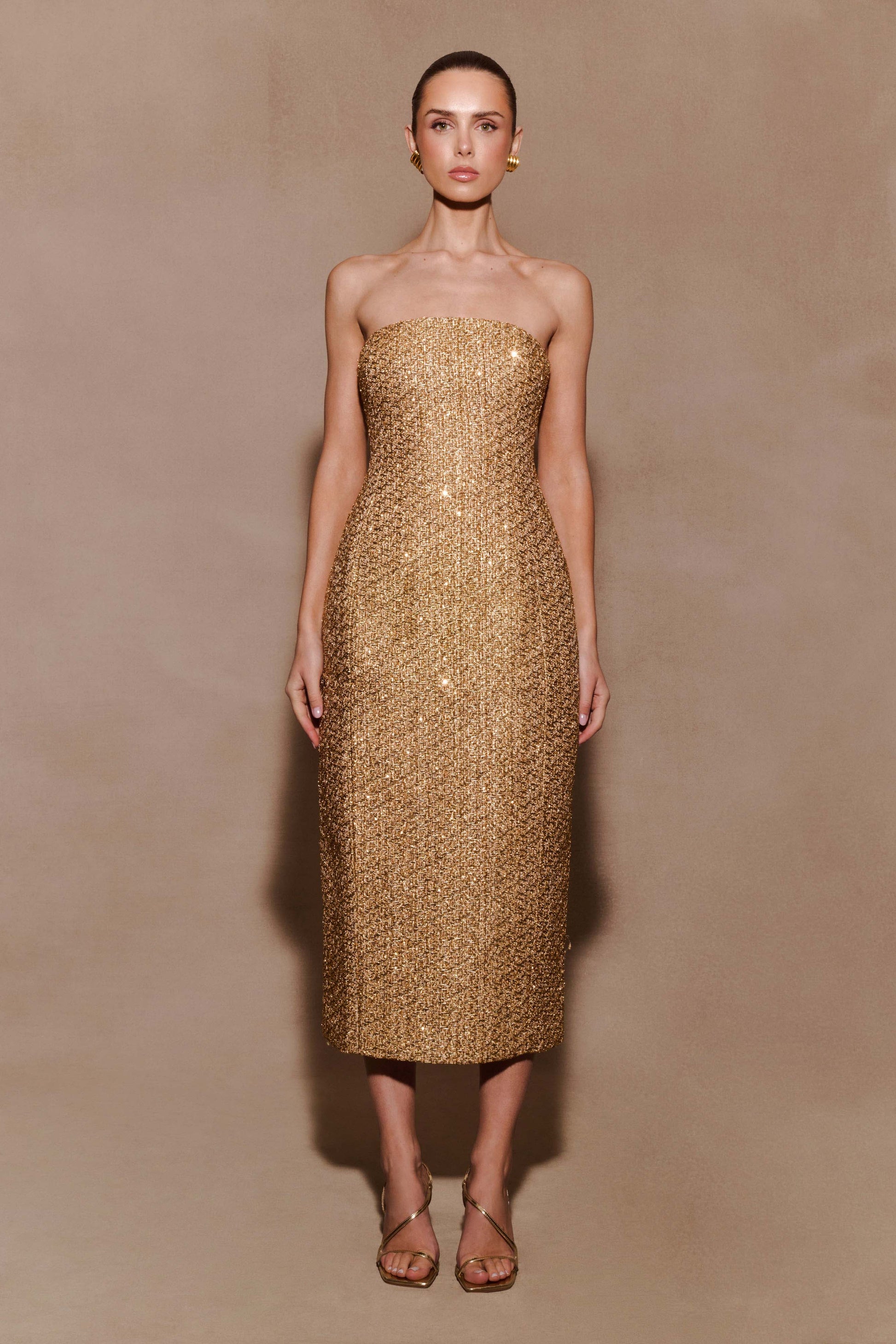 Gala Strapless Tweed Midi Dress - Gold | MESHKI UK Gala Strapless Tweed Midi Dress - Gold | MESHKI UK