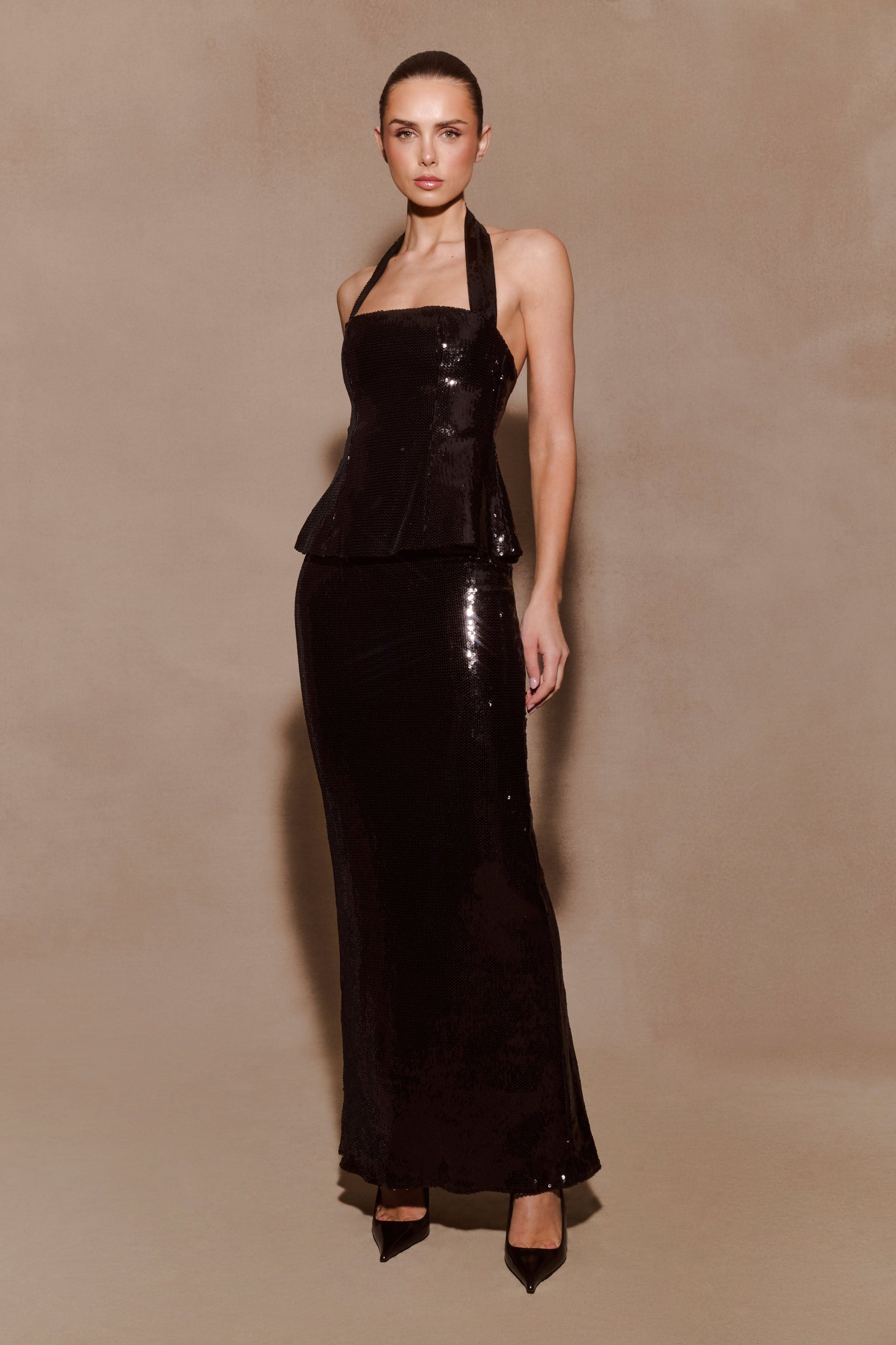 Bertie Sequin Peplum Halter Maxi Dress