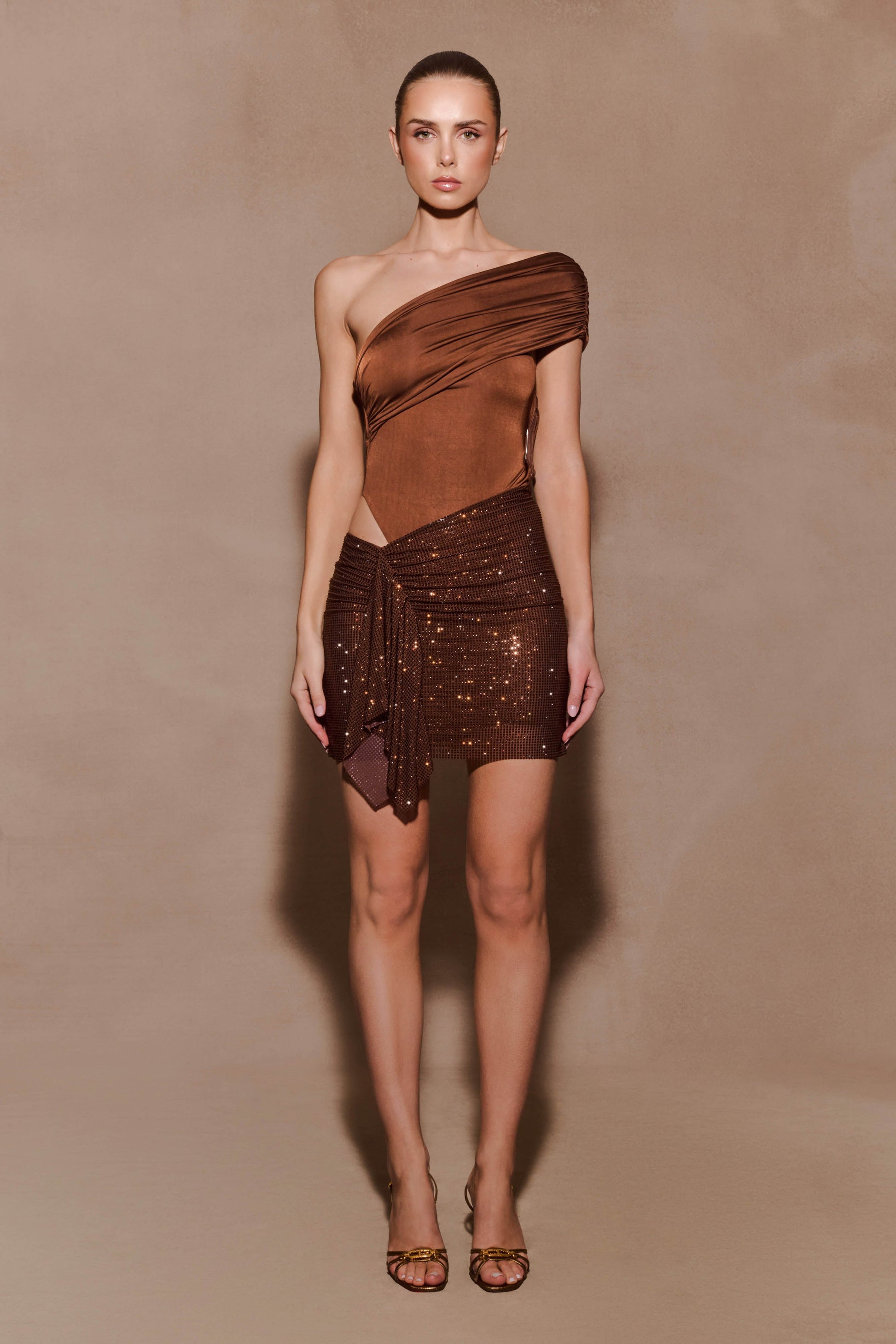 Paisley Slinky And Diamante Mini Dress - Chocolate