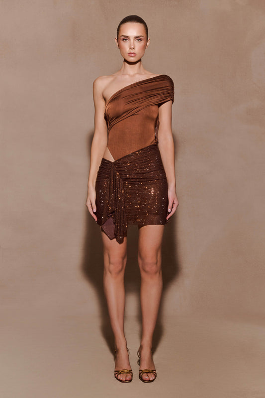 Paisley Slinky And Diamante Mini Dress - Chocolate