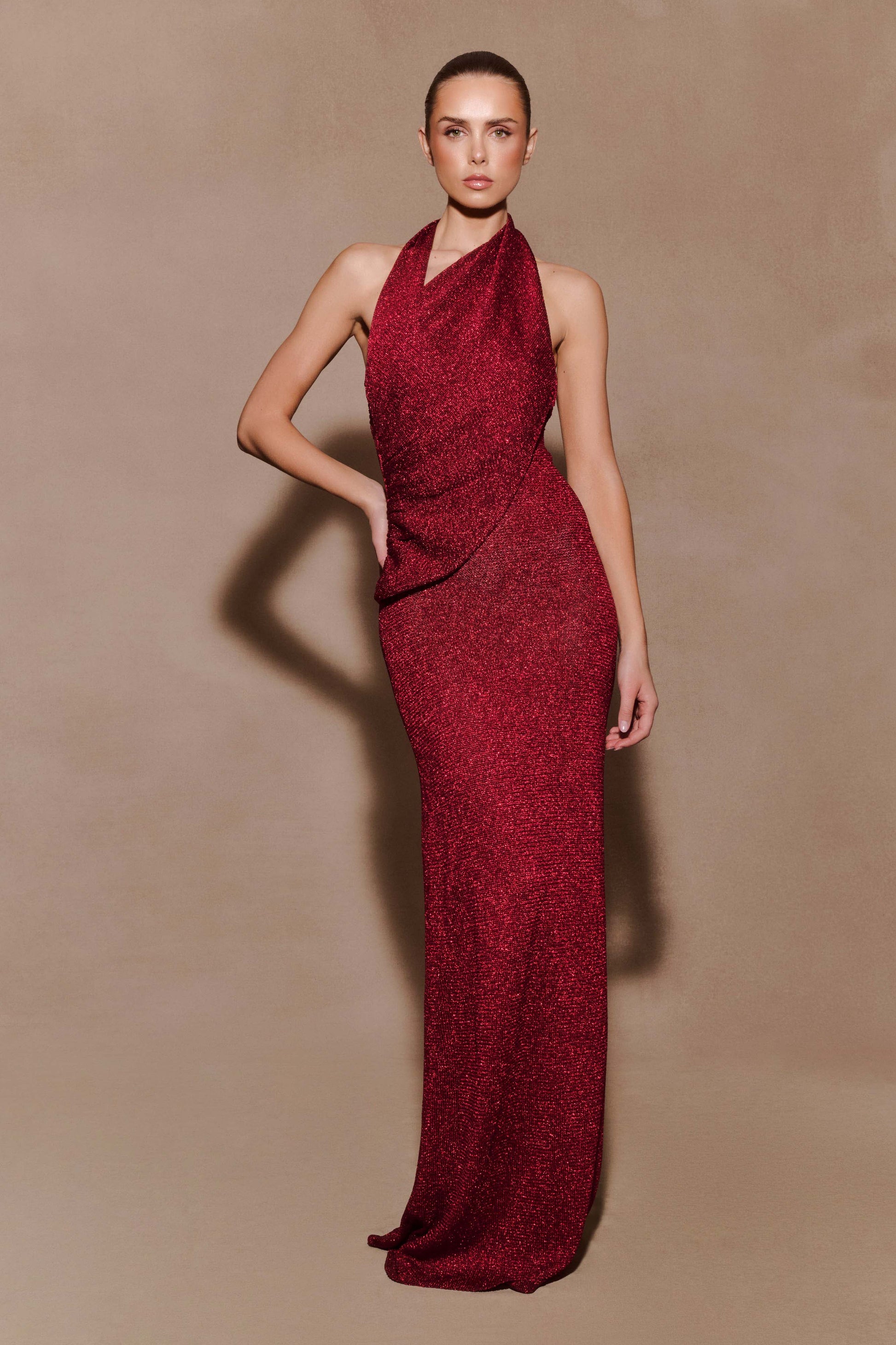 Elma Lurex Knit Halter Maxi Dress - Deep Red