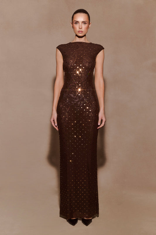 Samara Sleeveless Diamante Maxi Dress - Chocolate