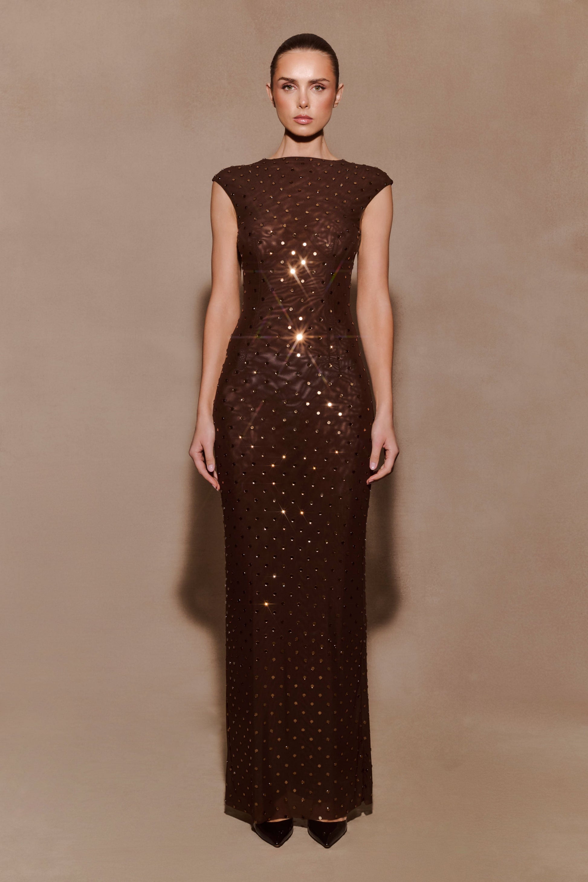 Samara Sleeveless Diamante Maxi Dress - Chocolate #9