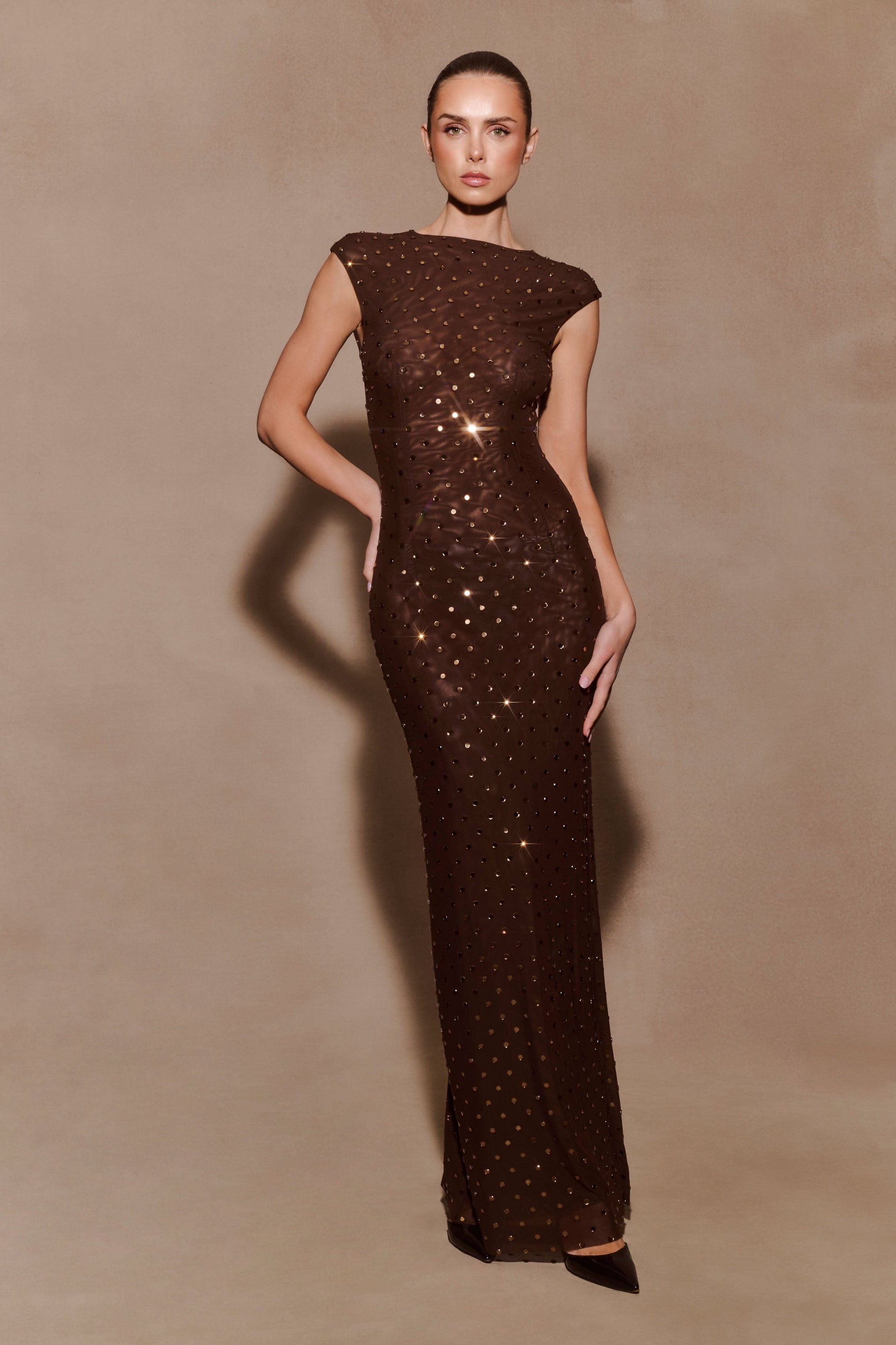 Samara Sleeveless Diamante Maxi Dress - Chocolate #8