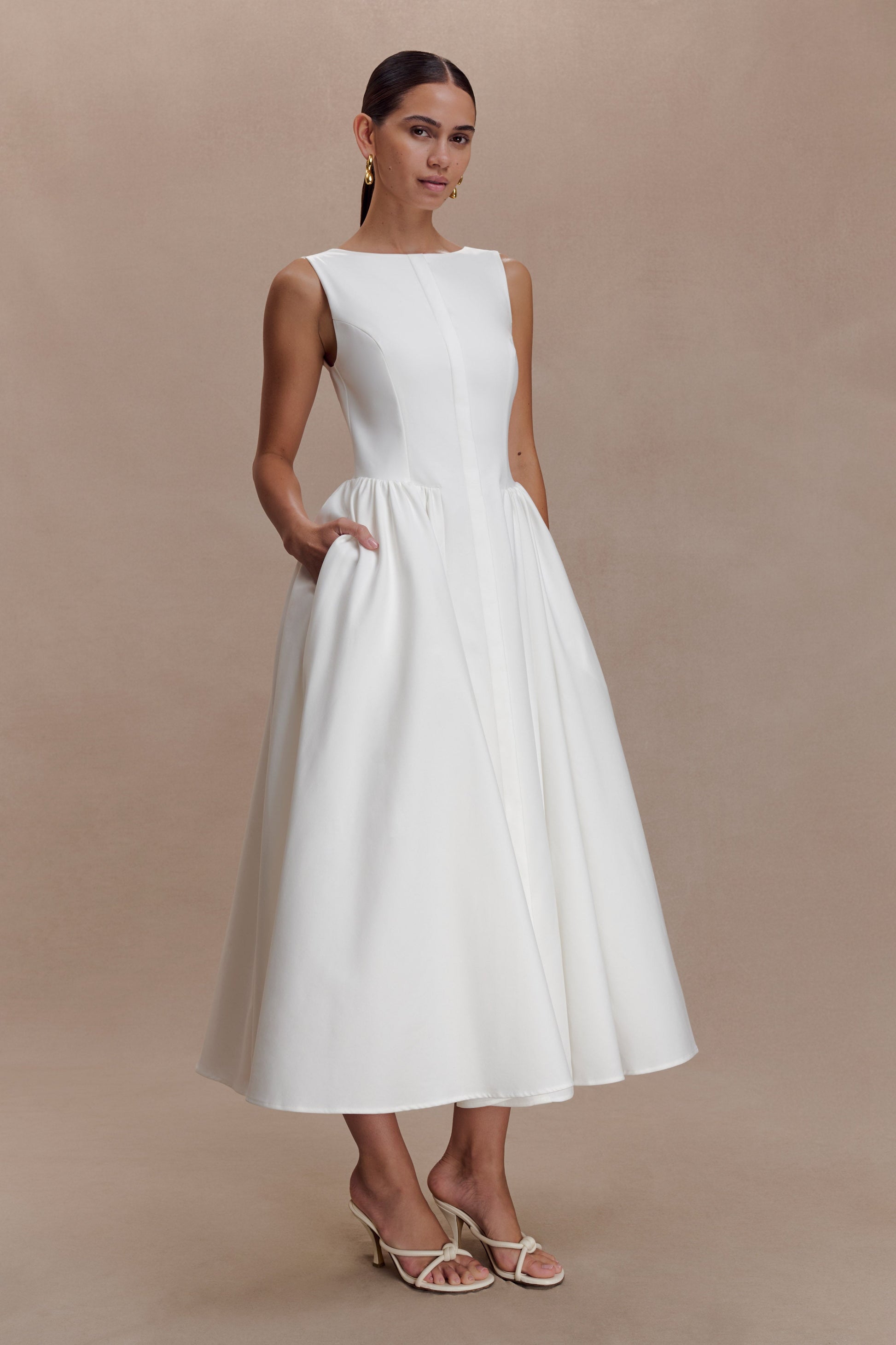Monika Gathered Waist Cotton Midi Dress - White #4